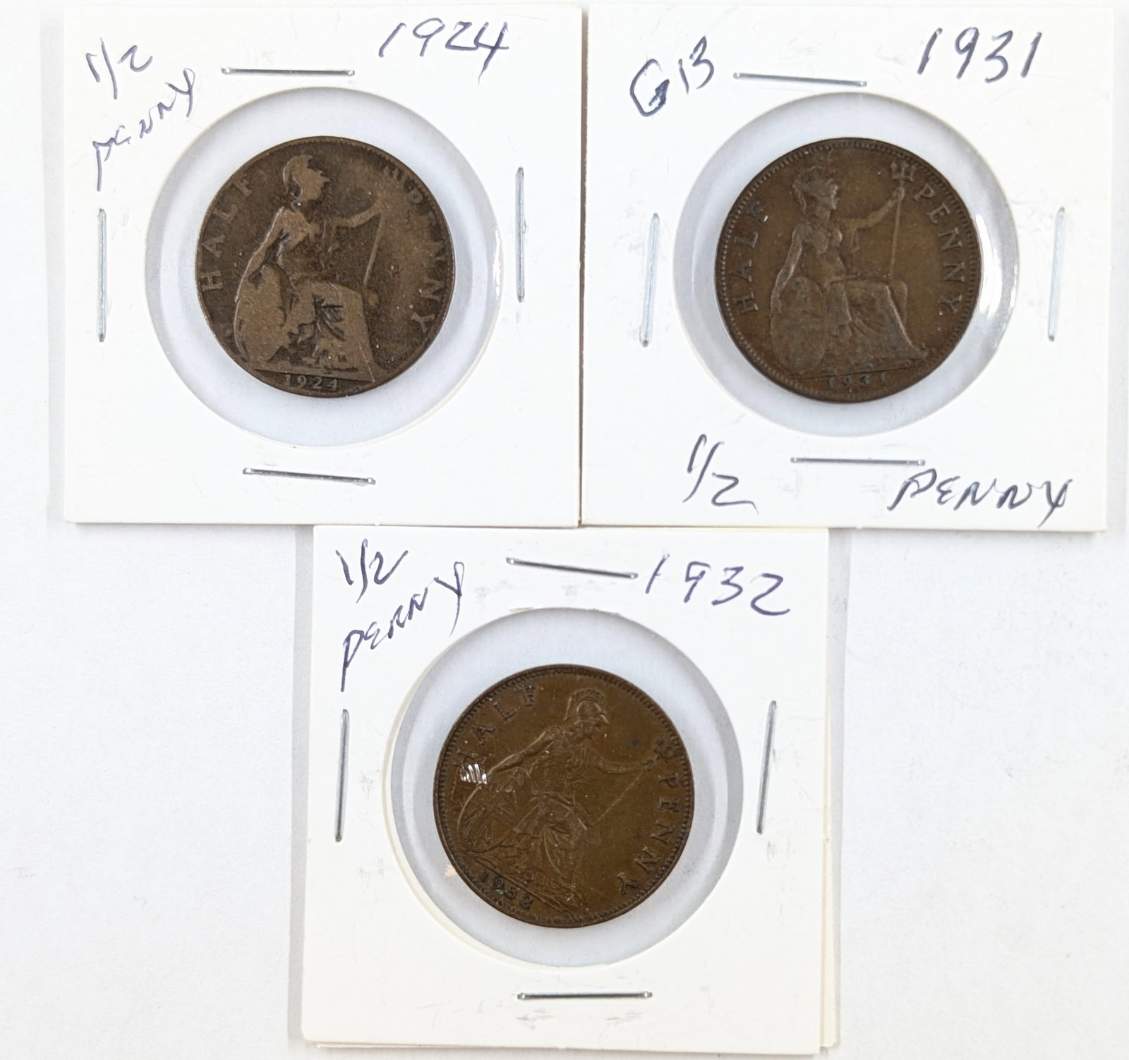 Lot of 3 Great Britain Half Pennies- 1924, 1931, 1932: Coin