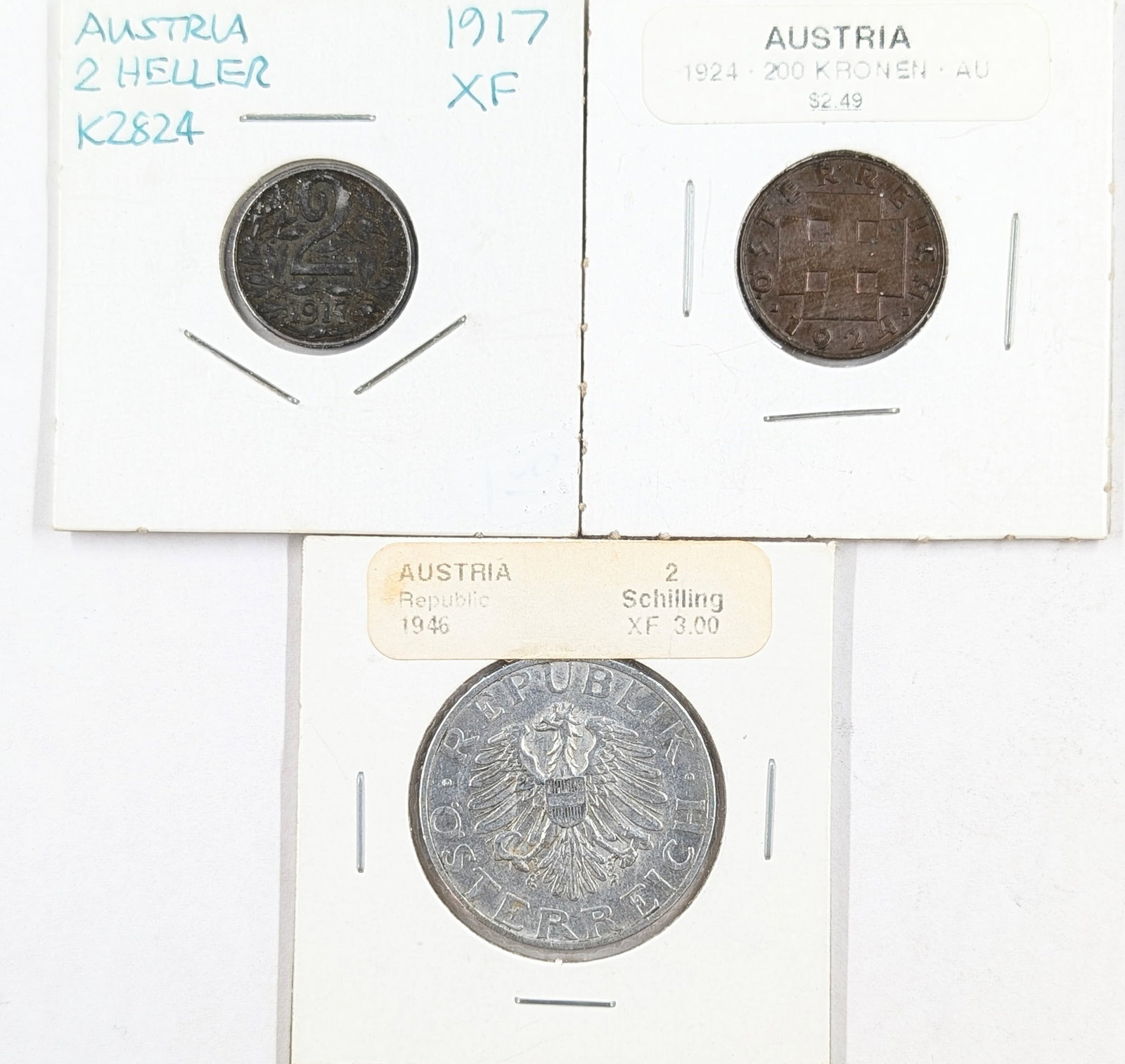 Lot of 3 Austria Coins- 1917 2 Heller, 1924 200 Kronen, 1946 2 Shilling: Coin