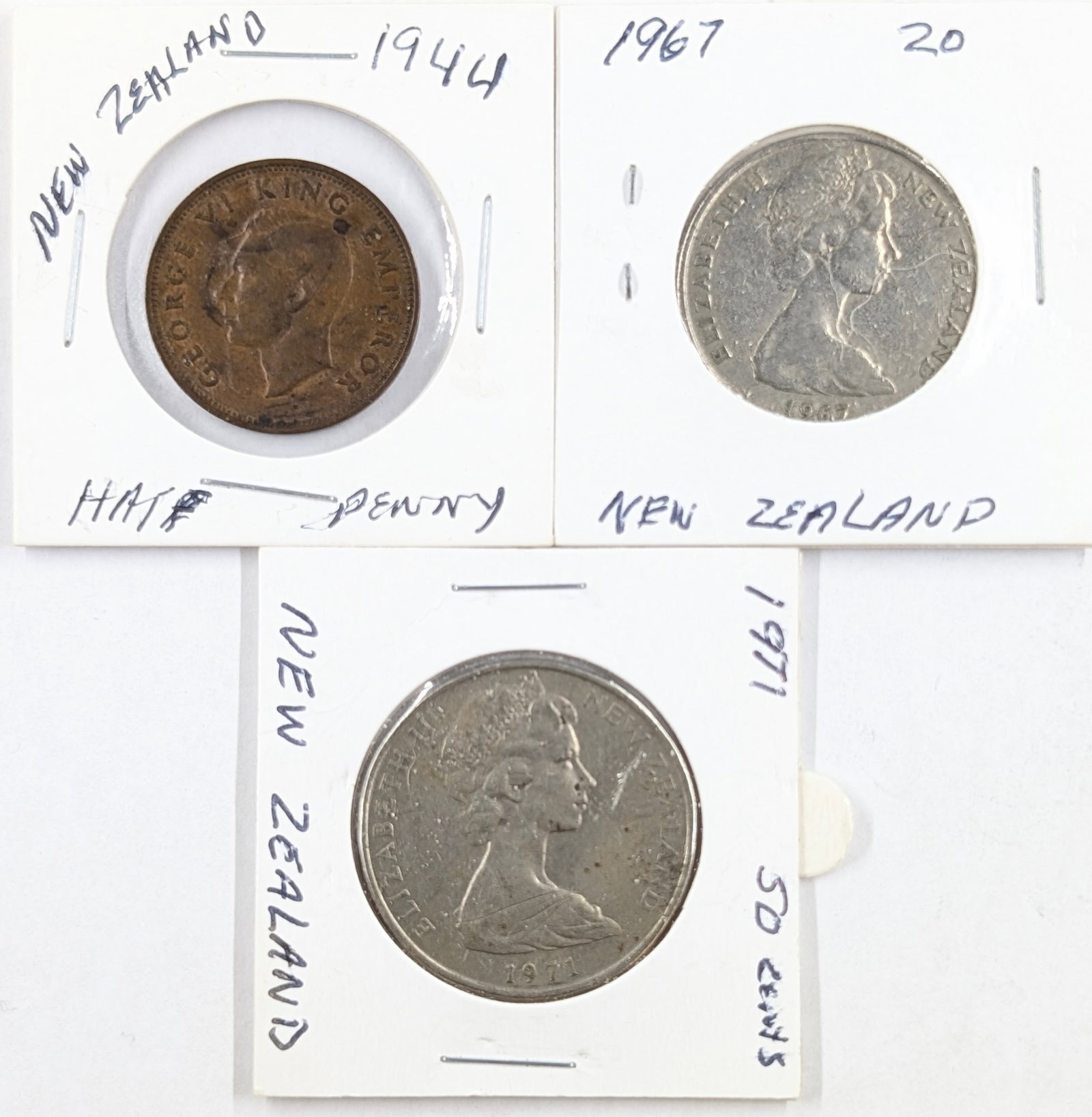 Lot of 3 New Zealand Coins- 1944 Half Penny, 1967 Twenty Cents, 1971 Fifty Cent: Coin