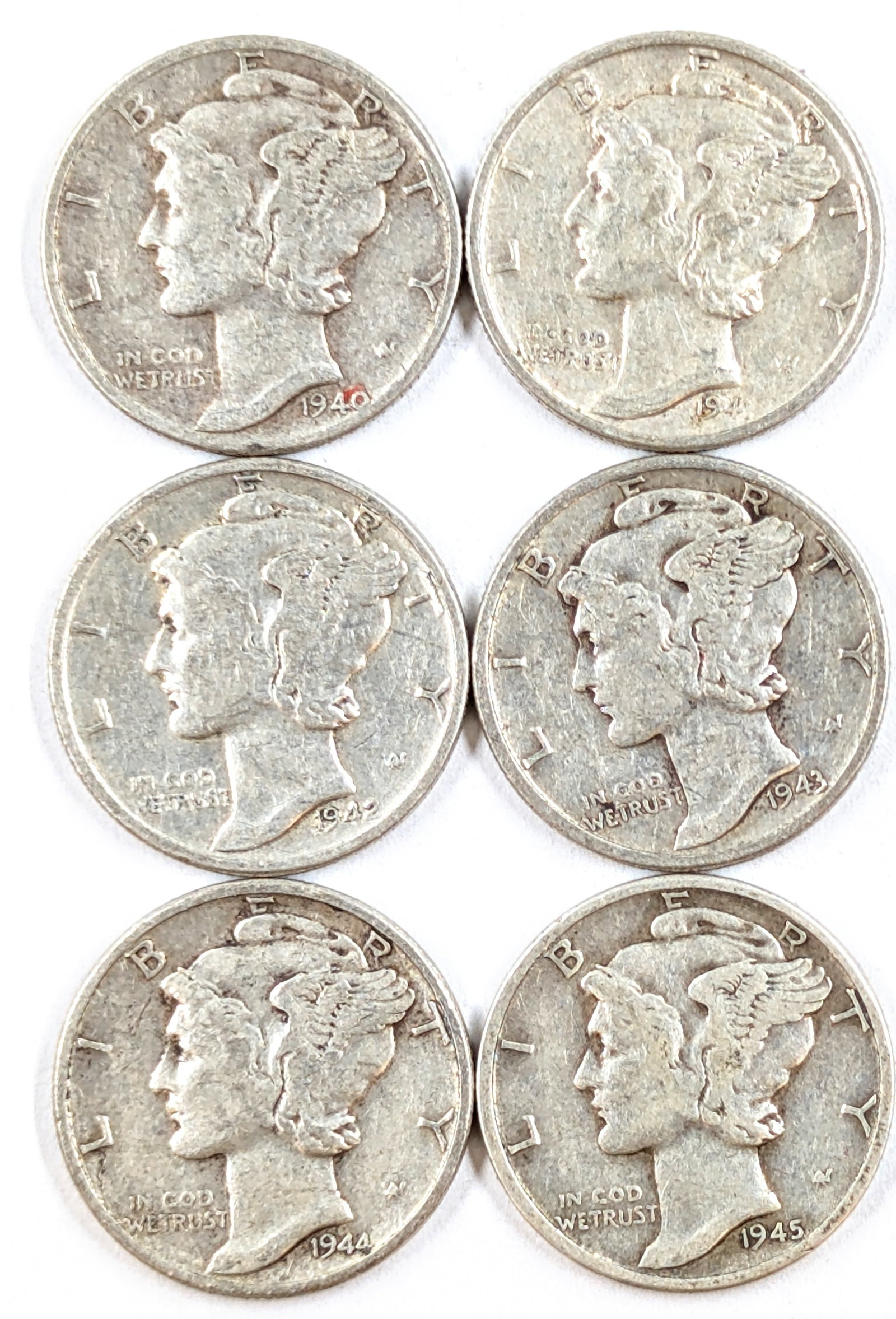 Lot of 6 Silver Mercury Dimes- 1940-1945: Silver
