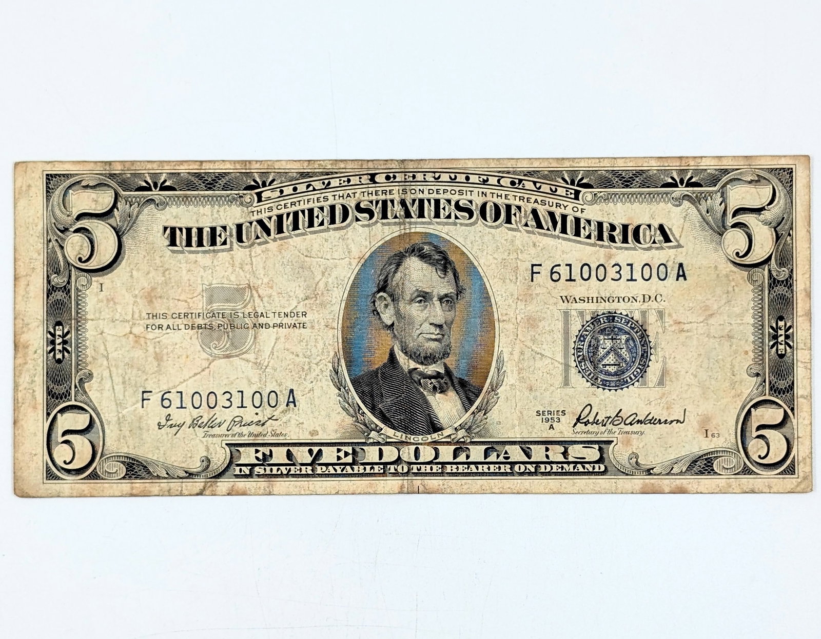 1953 A $5 Note - Silver Certificate: Circulated