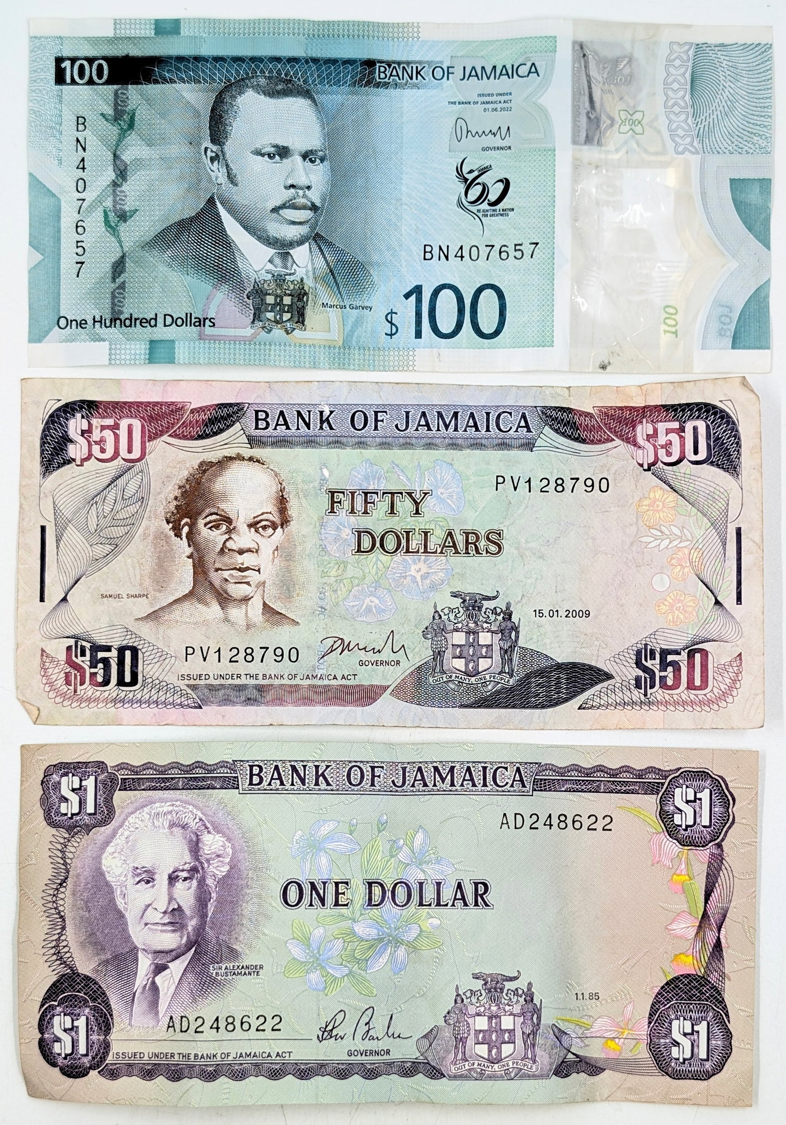 Lot of 3 Jamaican Banknotes- $100, $50, $1: Circulated