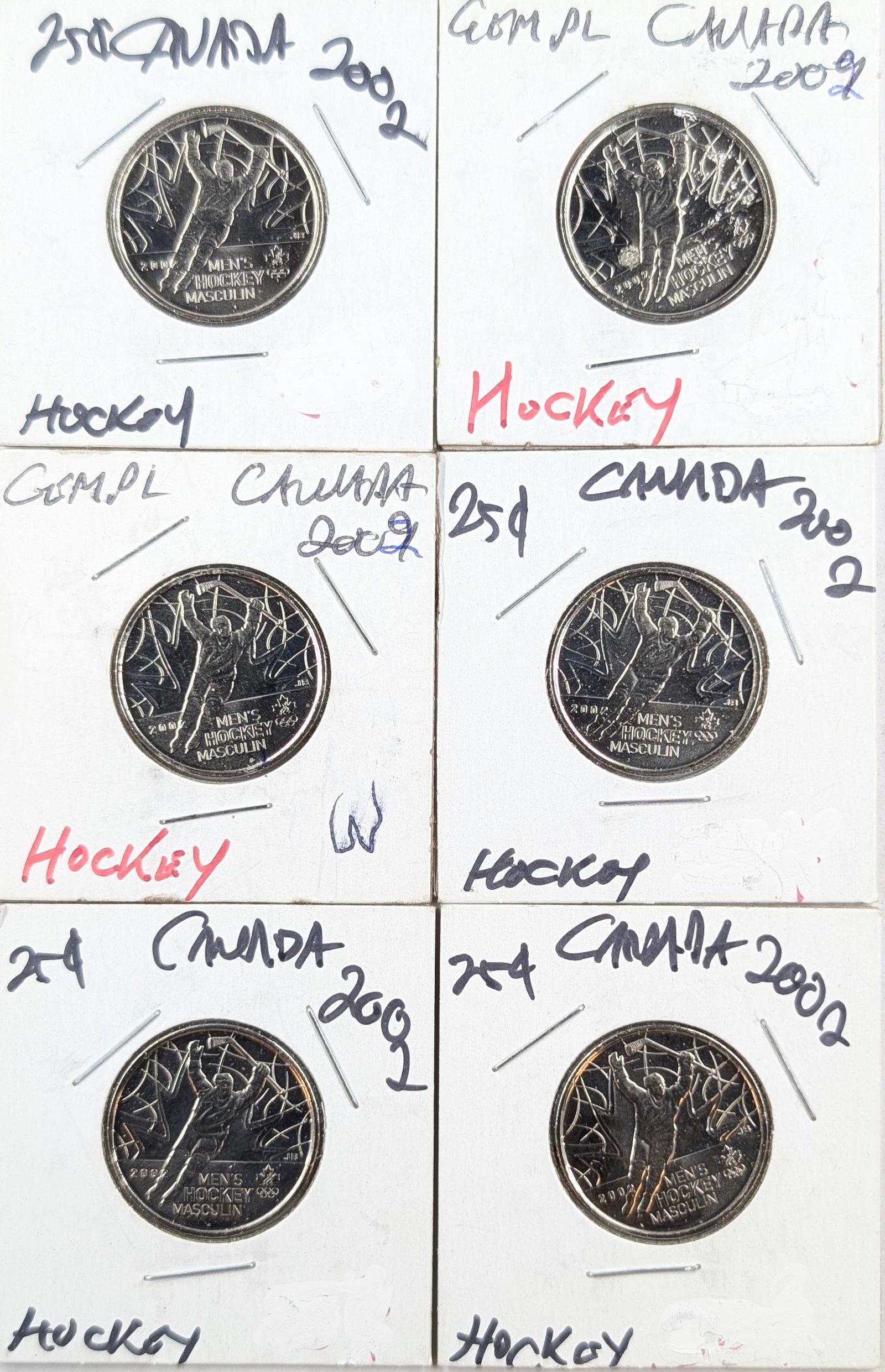 Lot of 6 2002 Canadian Quarters: Hockey, Most Uncirculated