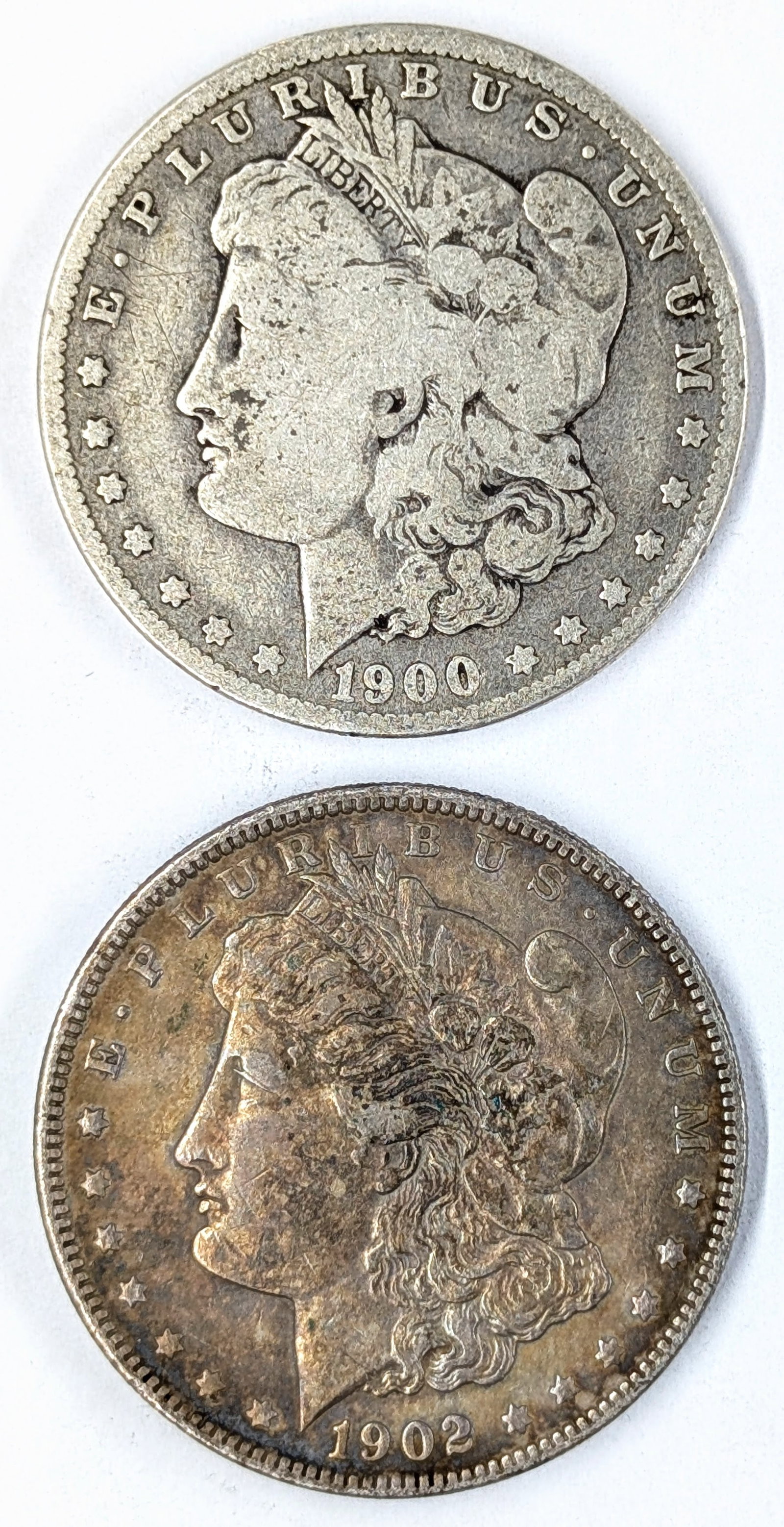 Lot of 2 Morgan Silver Dollars- 1900-O, 1902: Silver
