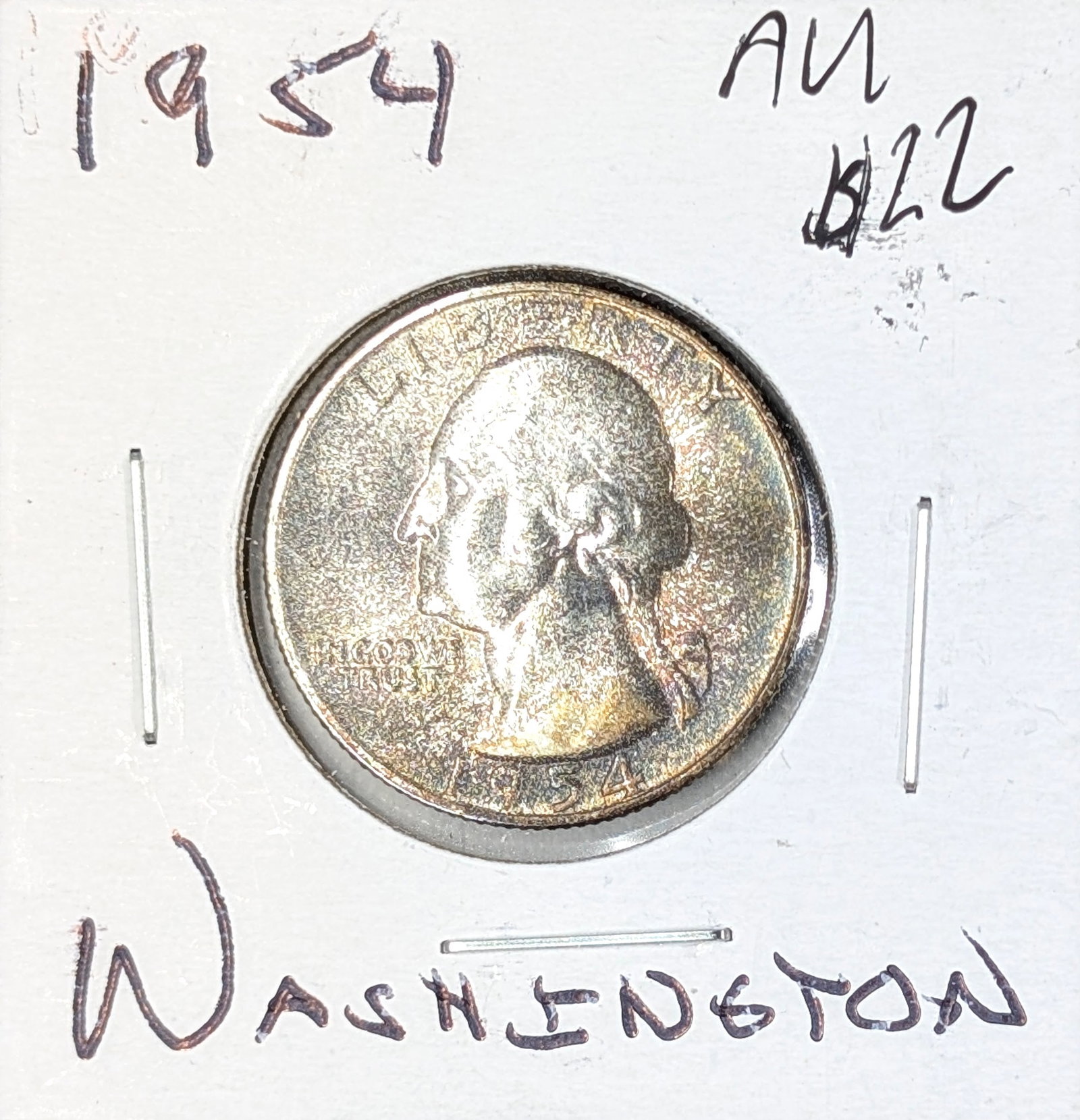1954 Silver Washington Quarter- Uncirculated, Toned: Silver