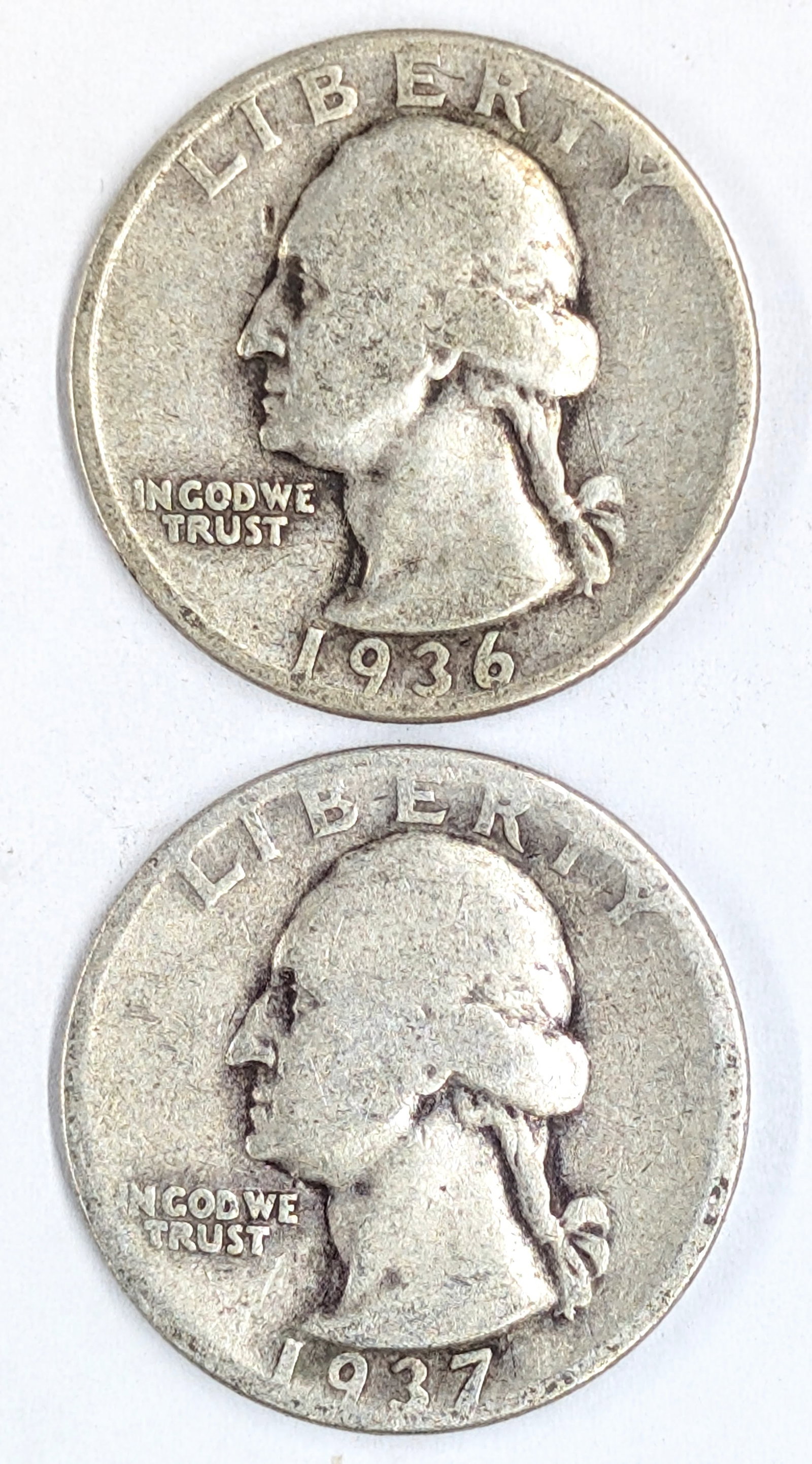 Lot of 2 Silver Washington Quarters- 1936, 1937: Silver