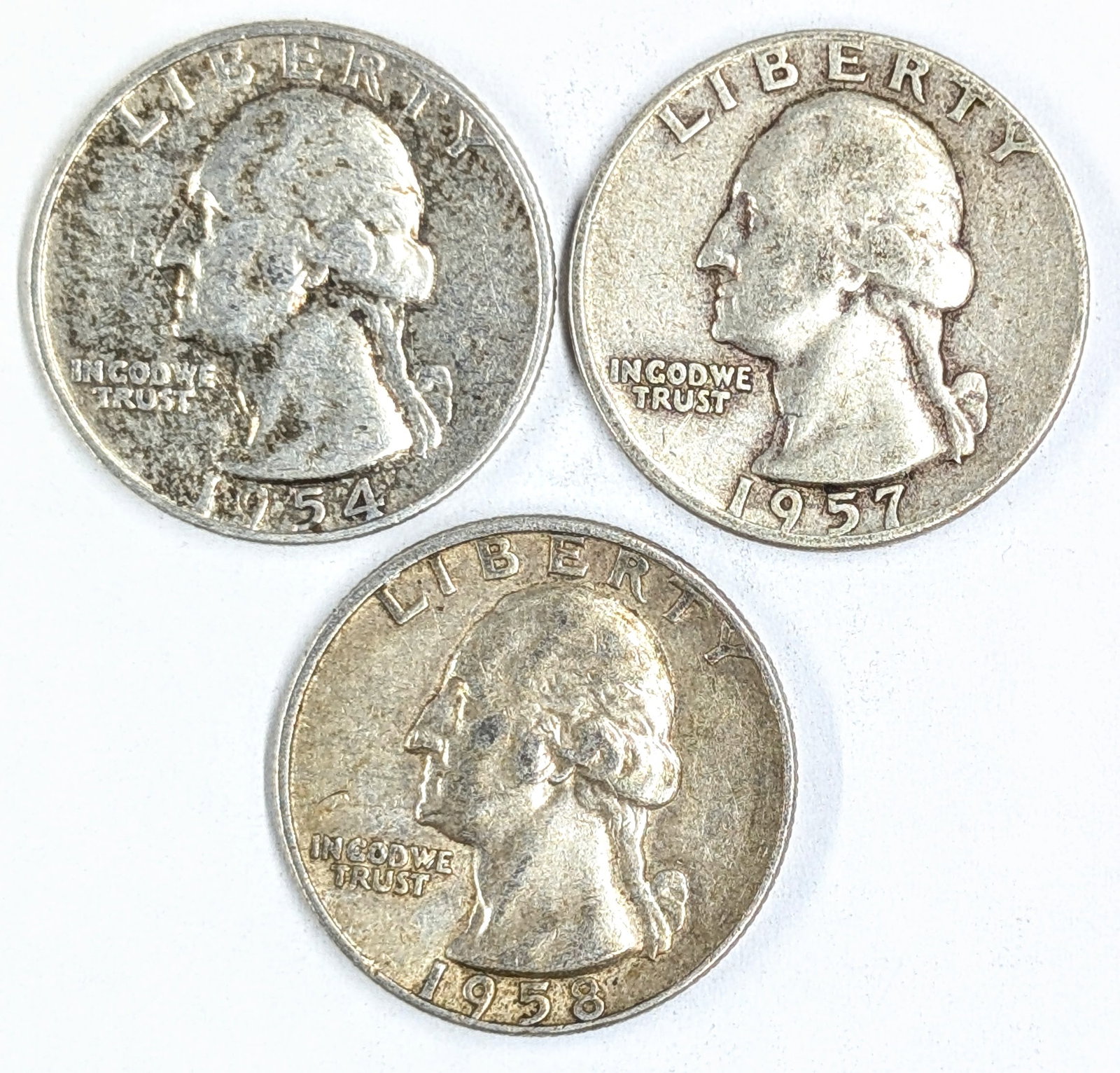 Lot of 3 Silver Washington Quarters- 1954, 1957-D, 1958-D: Silver