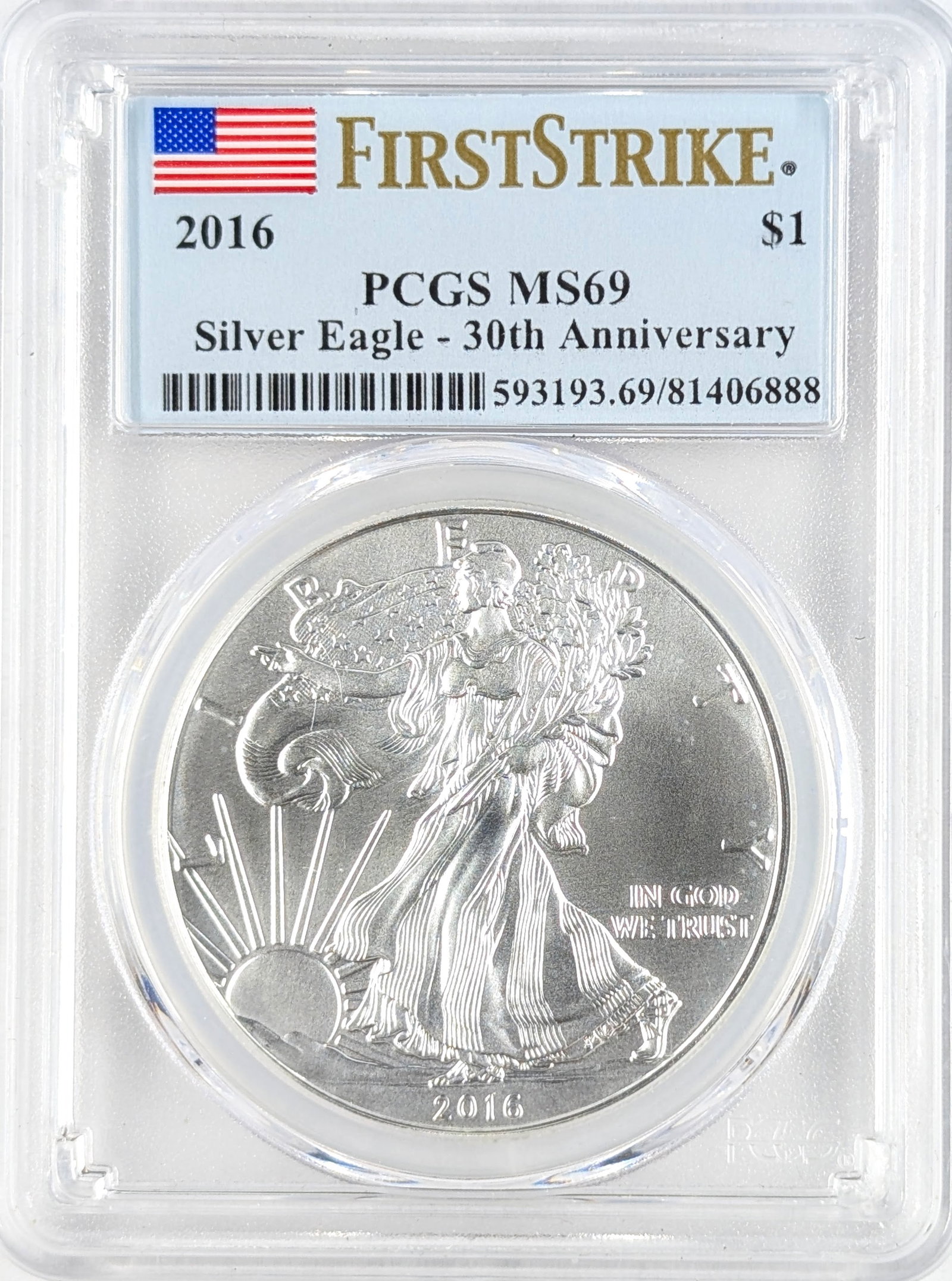 PCGS 2016 MS69 First Strike American Silver Eagle Dollar: Silver