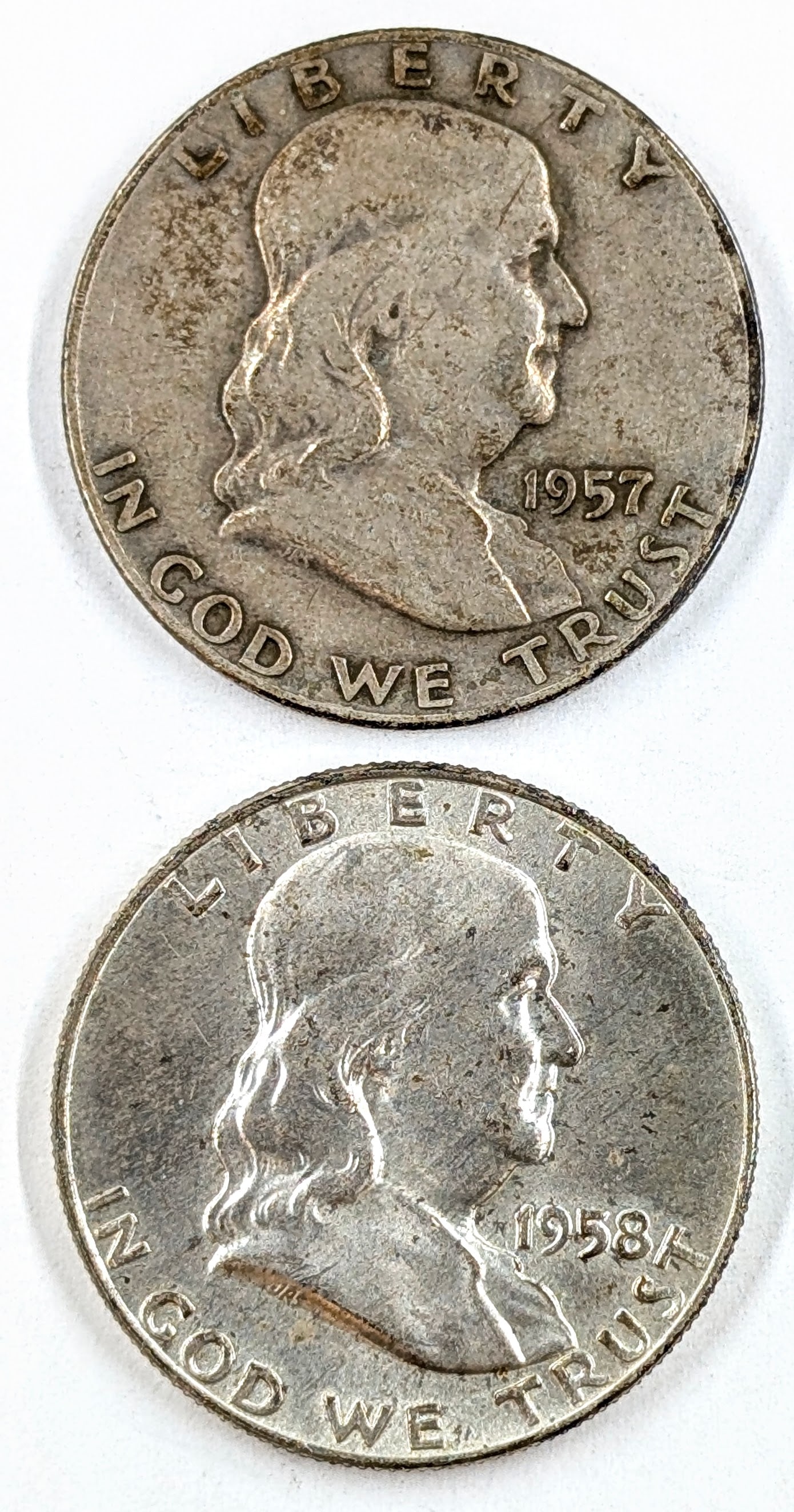 Lot of 2 Silver Franklin Half Dollars- 1957-D, 1958: Silver