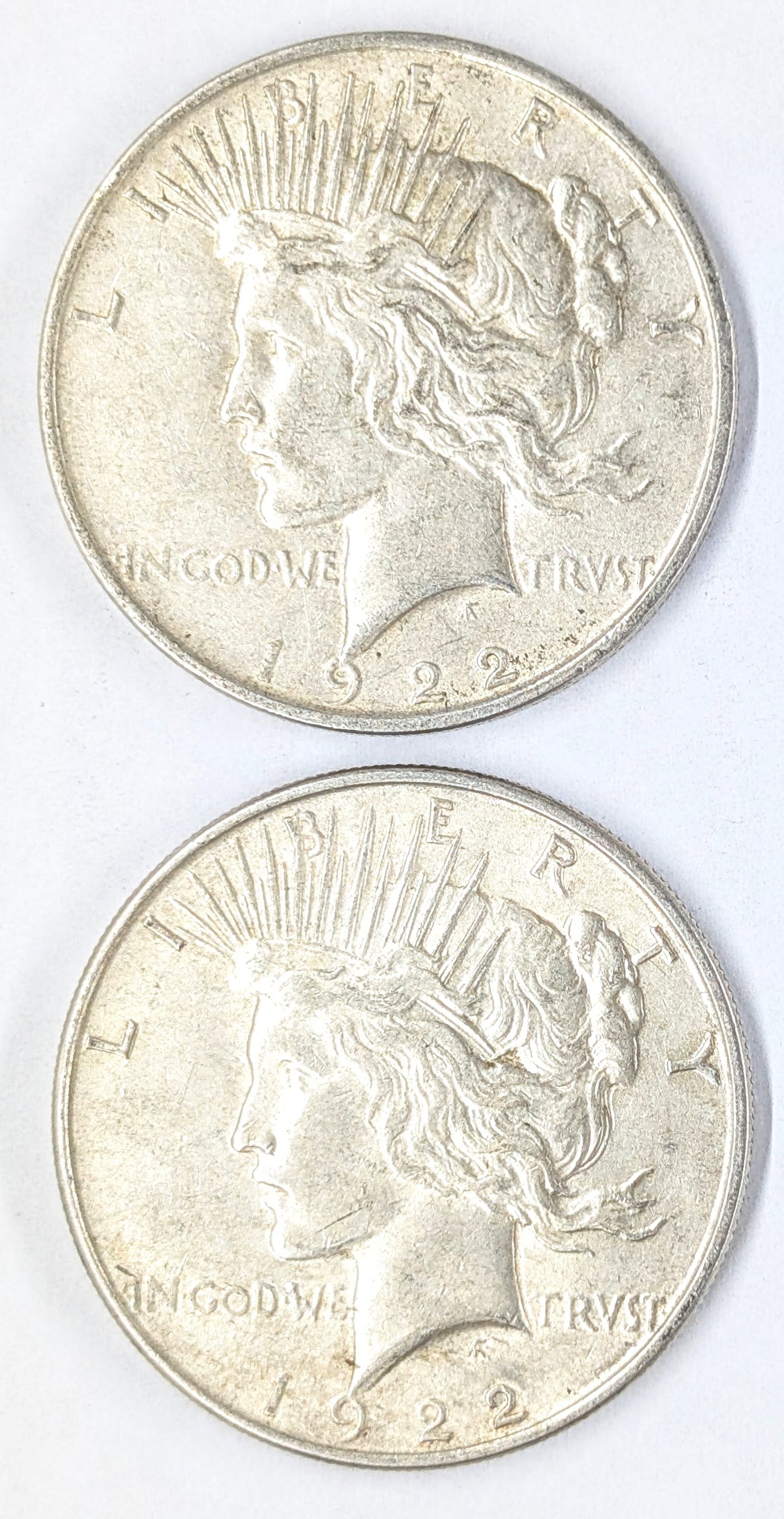 Lot of 2 Silver Peace Dollars- 1922 D/P: Silver