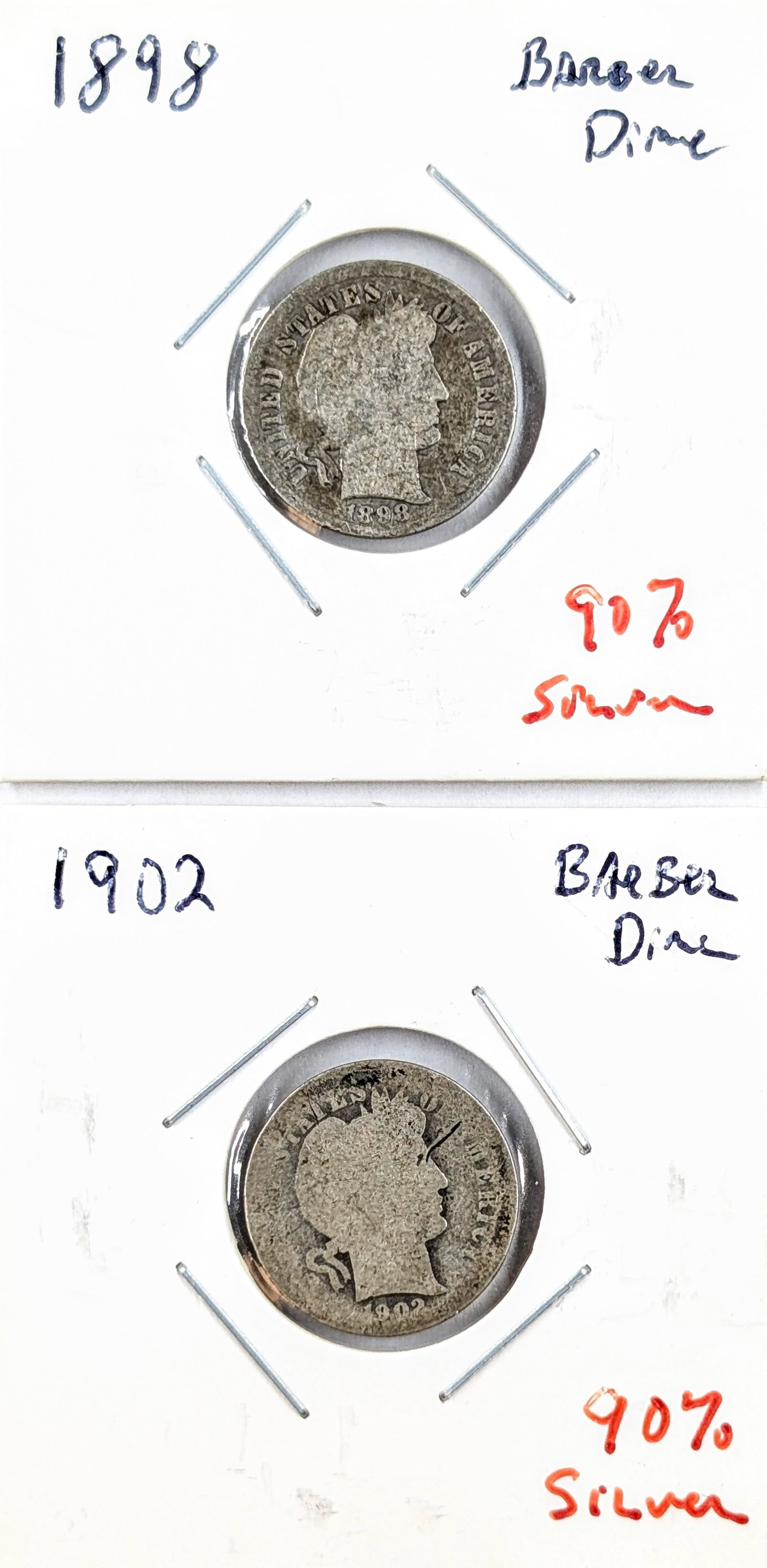 Lot of 2 Silver Barber Dimes- 1898, 1902: Silver