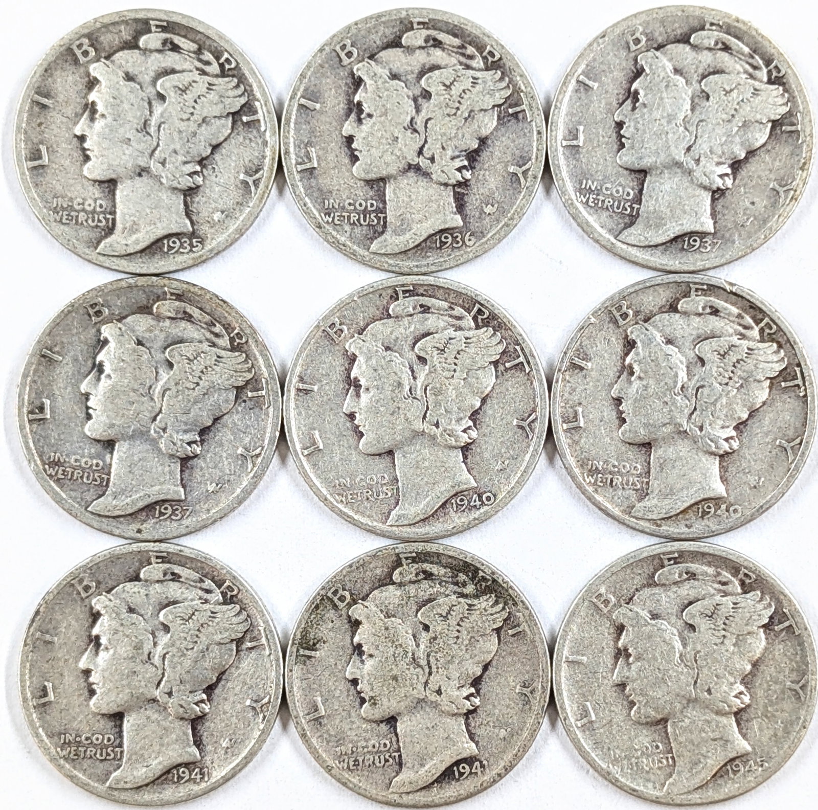 Lot of Silver Mercury Dimes- 1935-1945: Silver