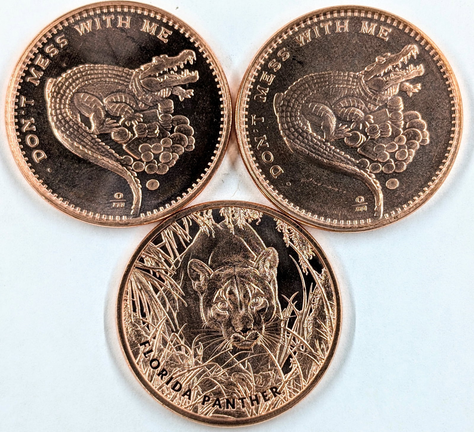 Lot of 3 - 1 Ounce (each) Fine .999 Copper Rounds- Don't Mess w/ Me, FL Panther: Copper