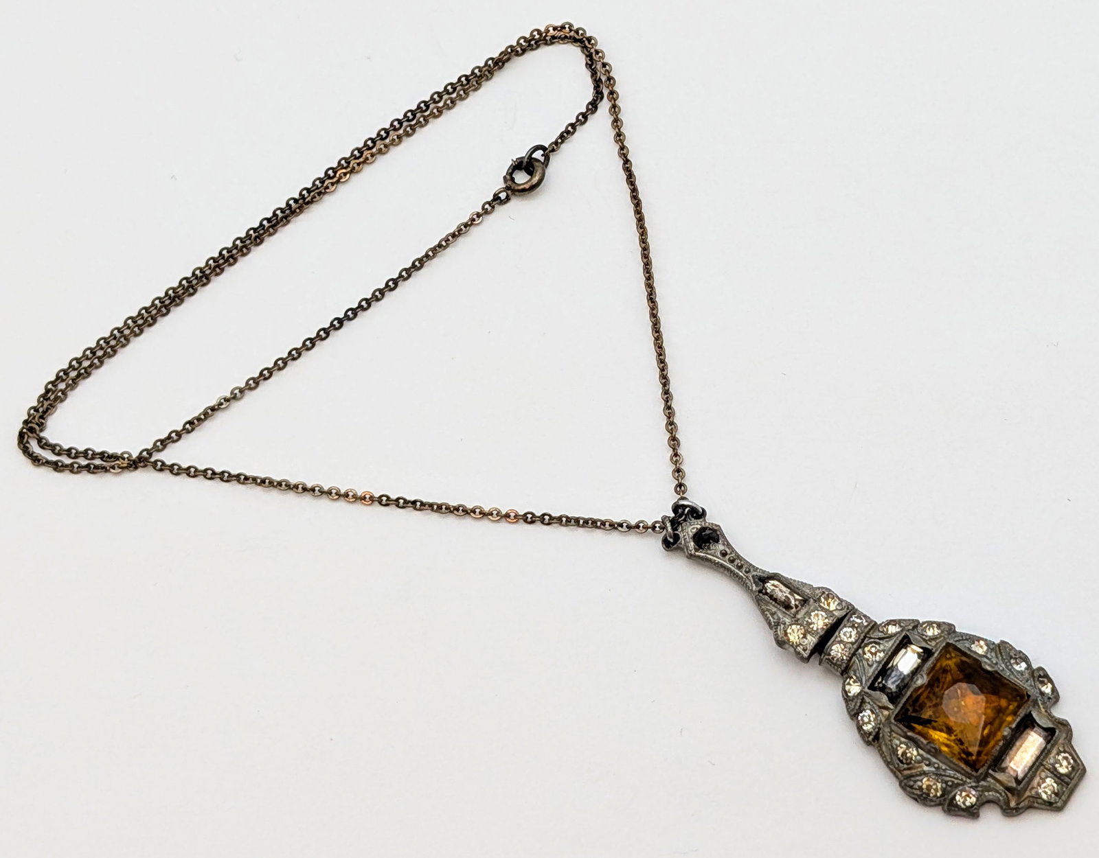 Vintage Sterling Silver Art Deco Necklace w/ a Citrine Stone - 2