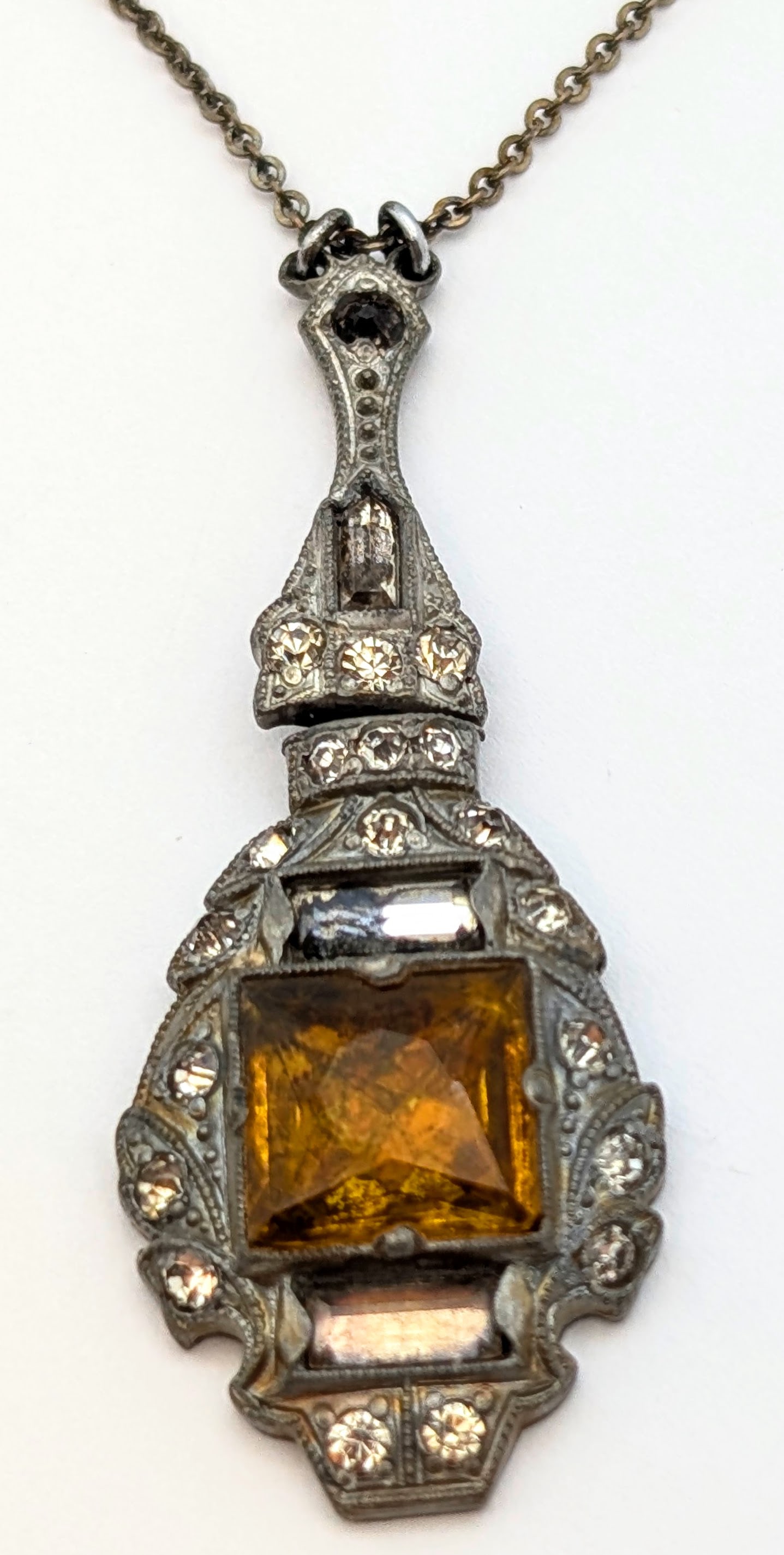 Vintage Sterling Silver Art Deco Necklace w/ a Citrine Stone - 3