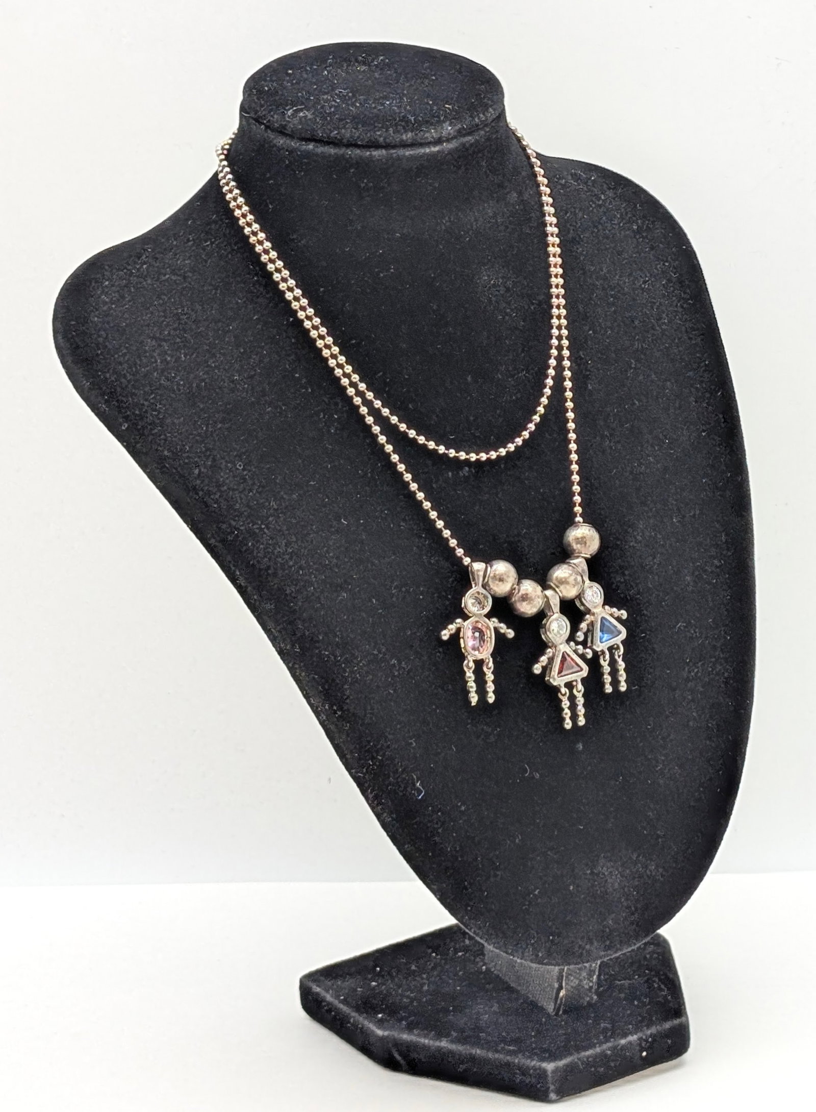 Vintage Sterling Silver "Mothers Necklace" w/ Three pendants w/ rhinestone- 13.52g - 2