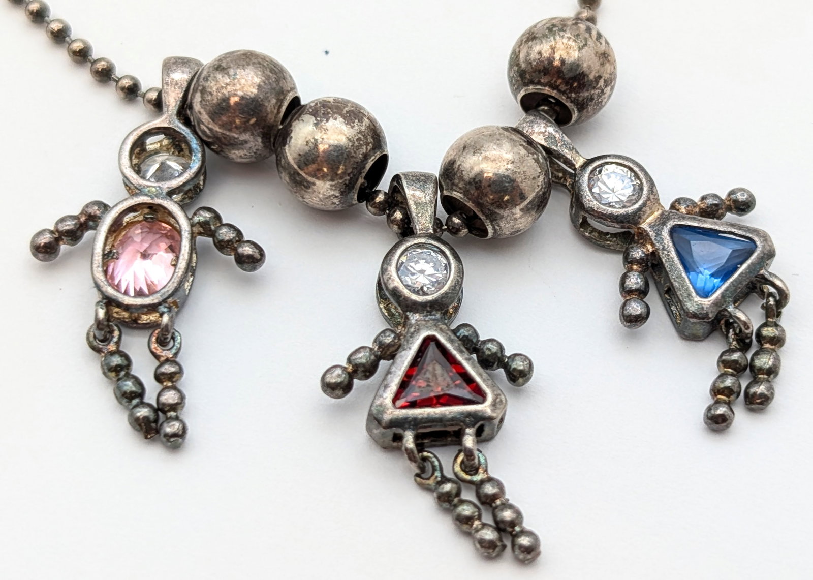 Vintage Sterling Silver "Mothers Necklace" w/ Three pendants w/ rhinestone- 13.52g - 3