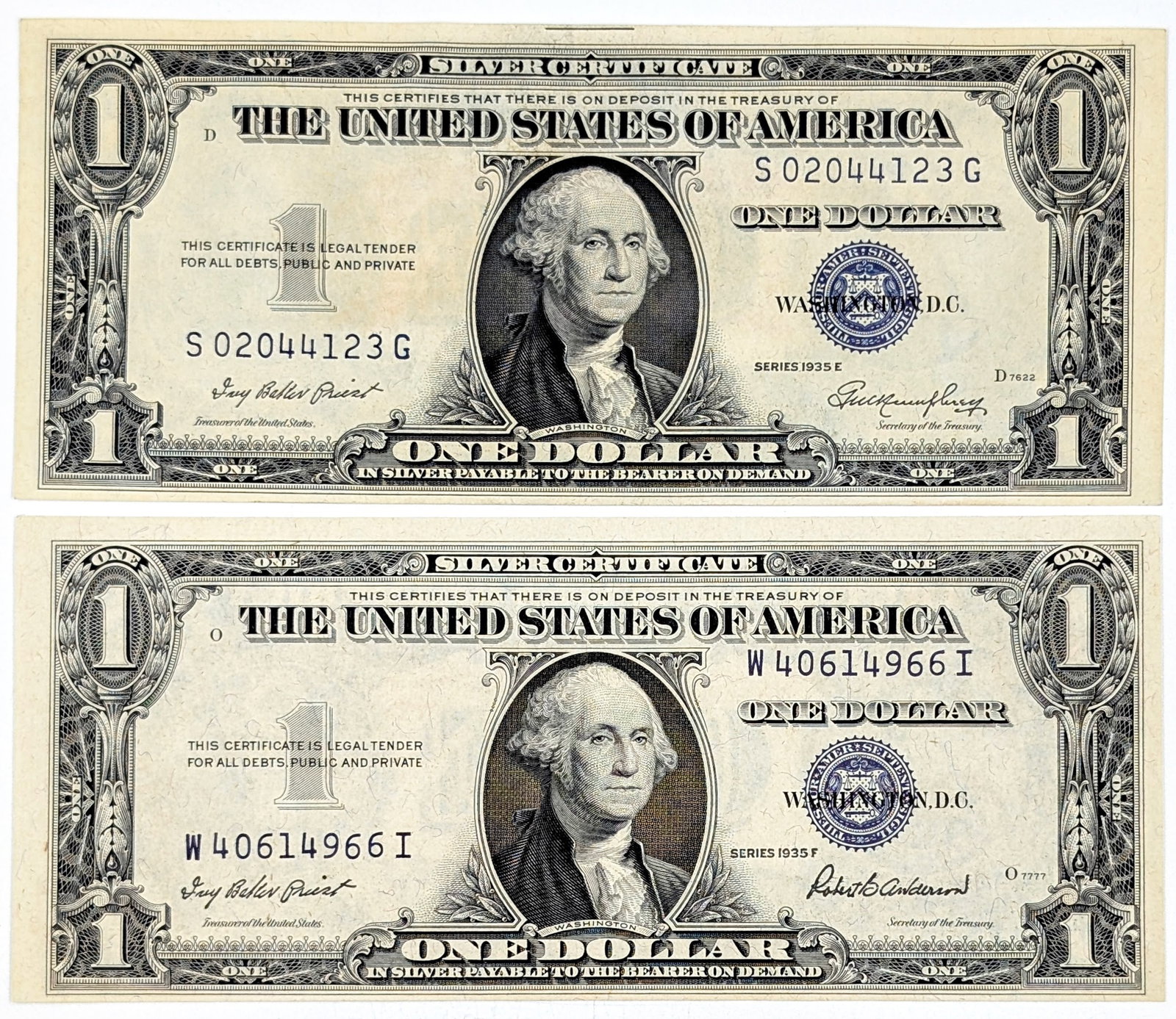 Lot of 2 1935 $1 Note- Silver Certificates: Crisp & Uncirculated but does have some residue on the reverse