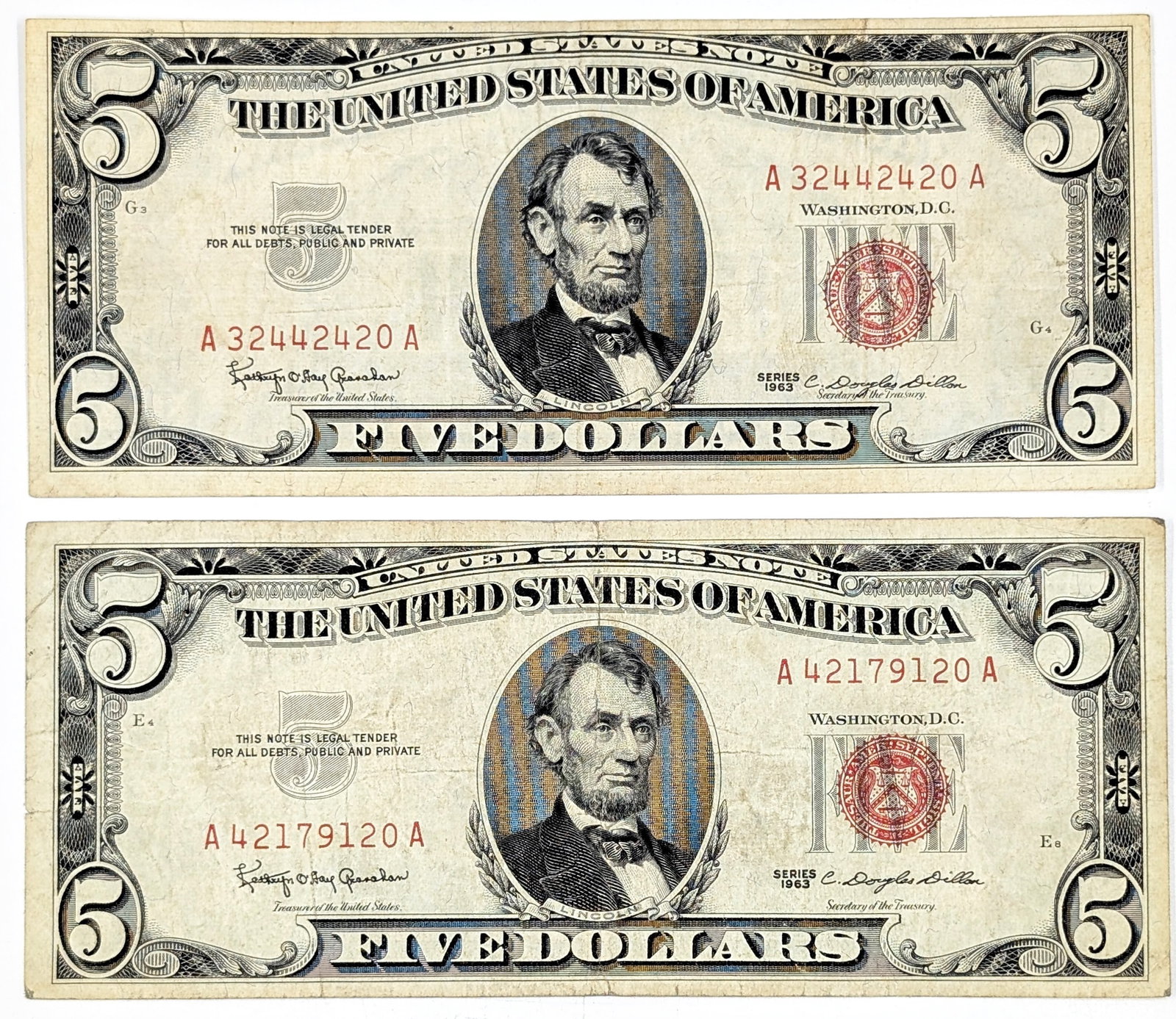 Lot of 2 1963 $5 Note - Red Seals: Circulated