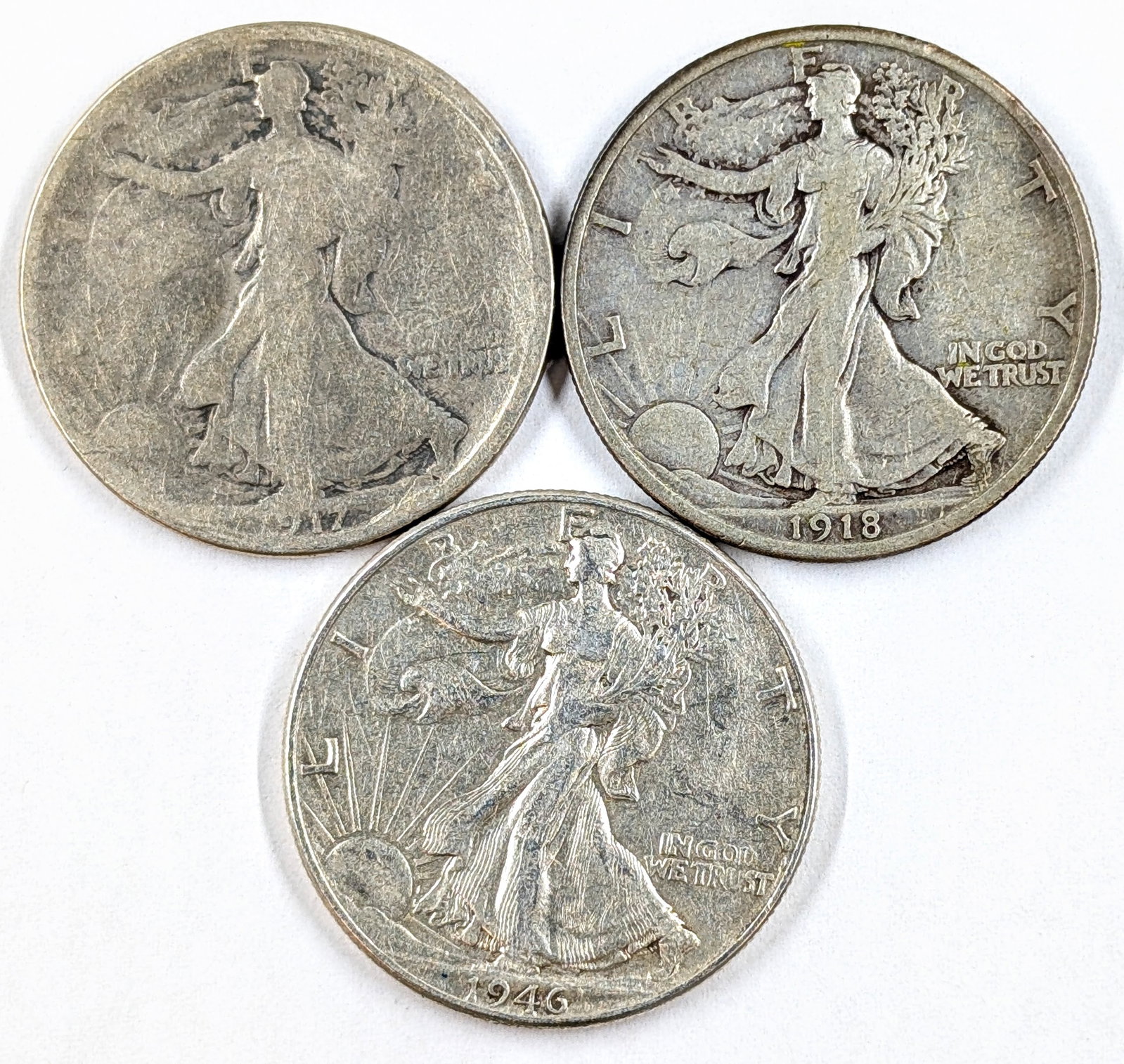 Lot of 3 Silver Walking Liberty Half Dollars- 1917, 1918, 1946: Silver