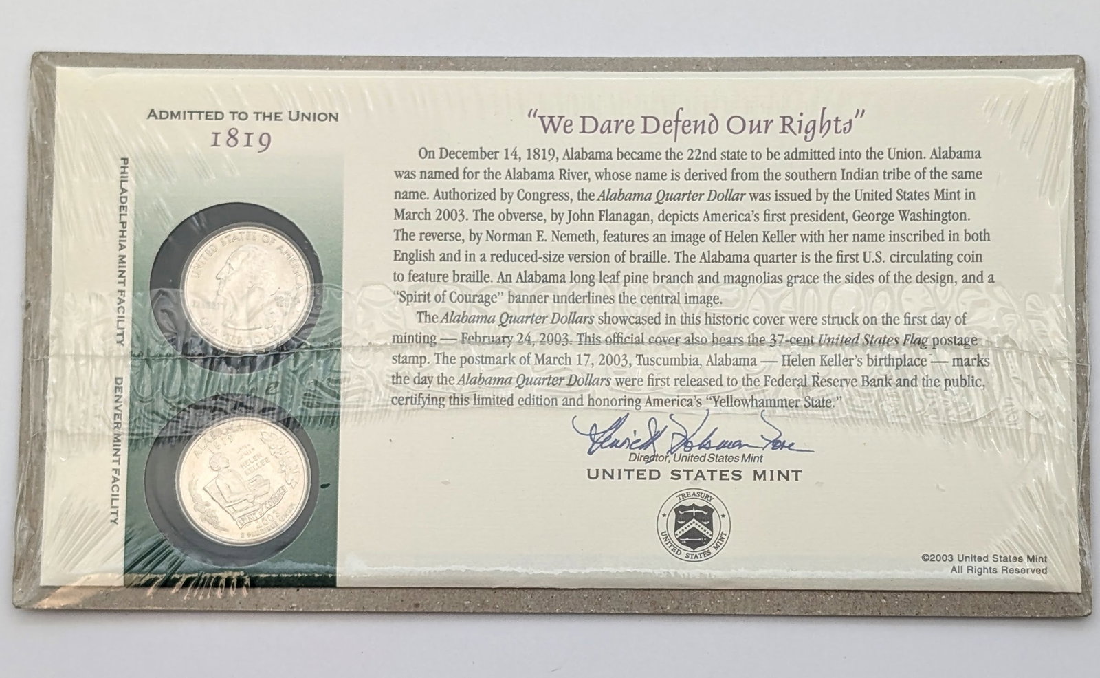 2003 US Mint First Day Issue State Quarter Coin Set- Alabama: Coin