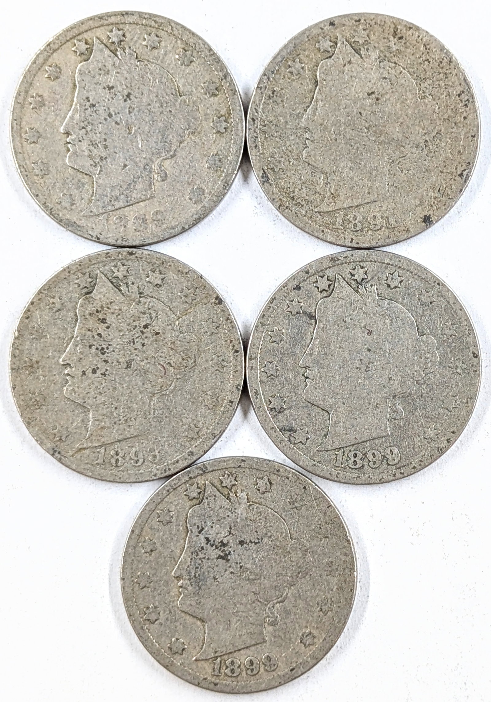 Lot of 5 Liberty V Nickels- 1889-1899: Coin