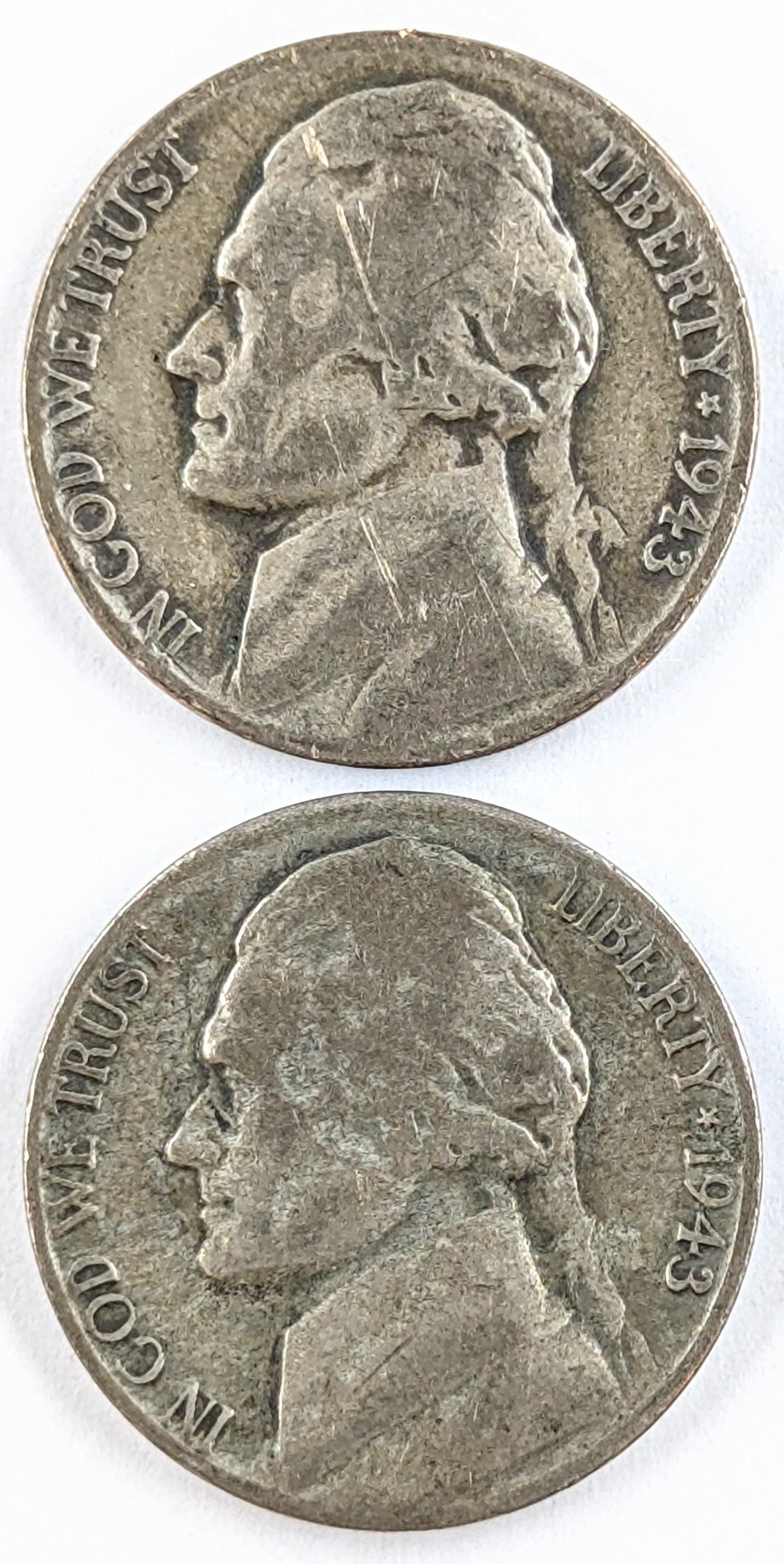Lot of 2 Silver War Nickels - 1943 P/S: 35% Silver