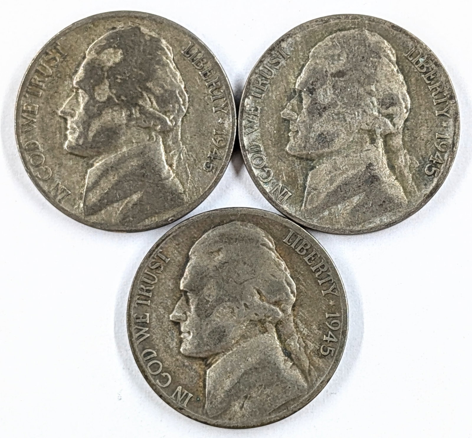 Lot of 3 Silver War Nickels - 1945 P/D/S: 35% Silver