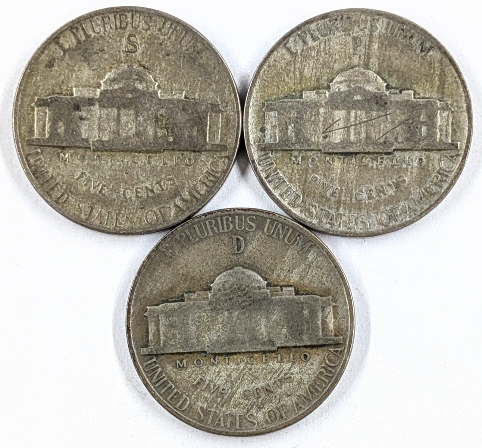Lot of 3 Silver War Nickels - 1945 P/D/S - 2