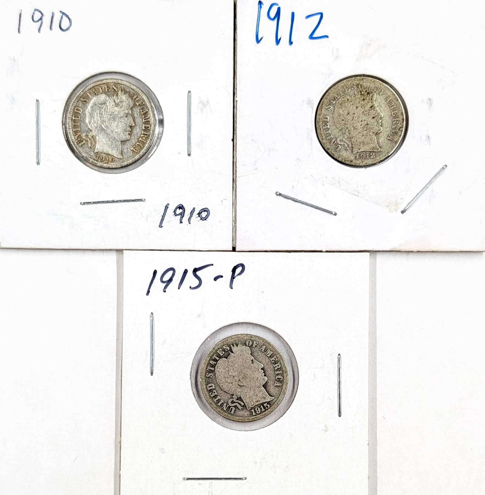 Lot of 3 Silver Barber Dimes- 1910, 1912, 1915: Silver