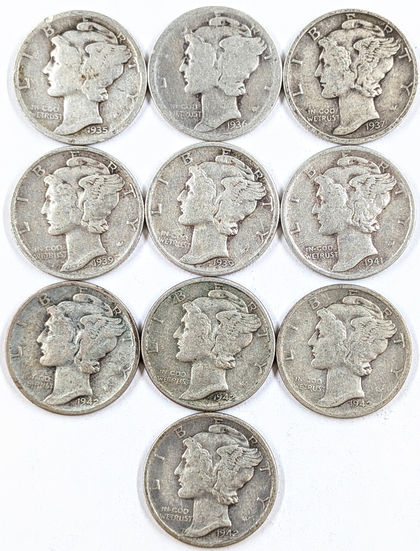 Lot of 10 Silver Mercury Dimes- 1935-1942: Silver