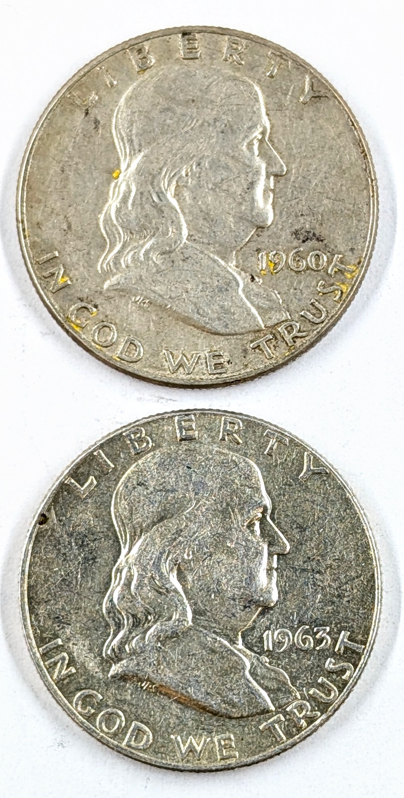 Lot of 2 Silver Franklin Half Dollars- 1960, 1963-D: Silver