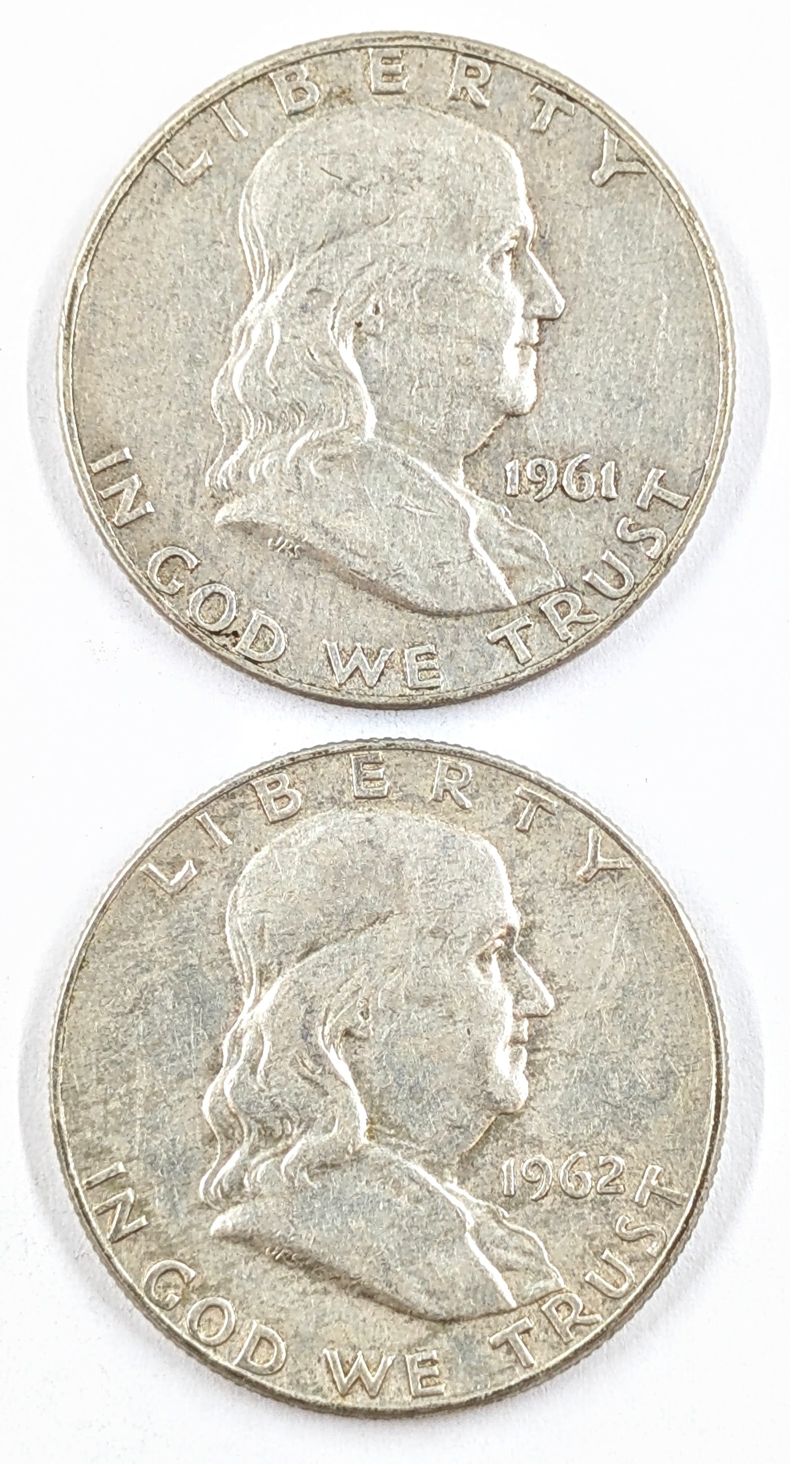 Lot of 2 Silver Franklin Half Dollars- 1961-D, 1962-D: Silver