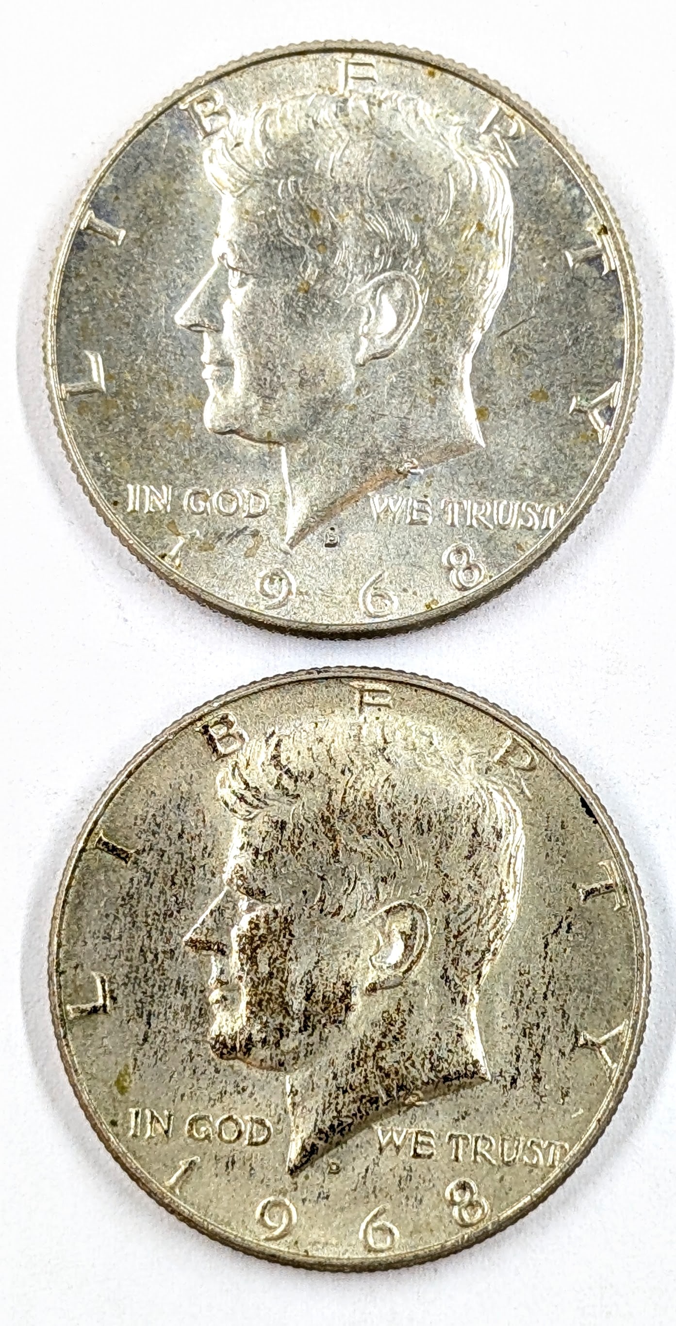 Lot of 2 Silver John F Kennedy Half Dollars - 1968-D: 40% Silver
