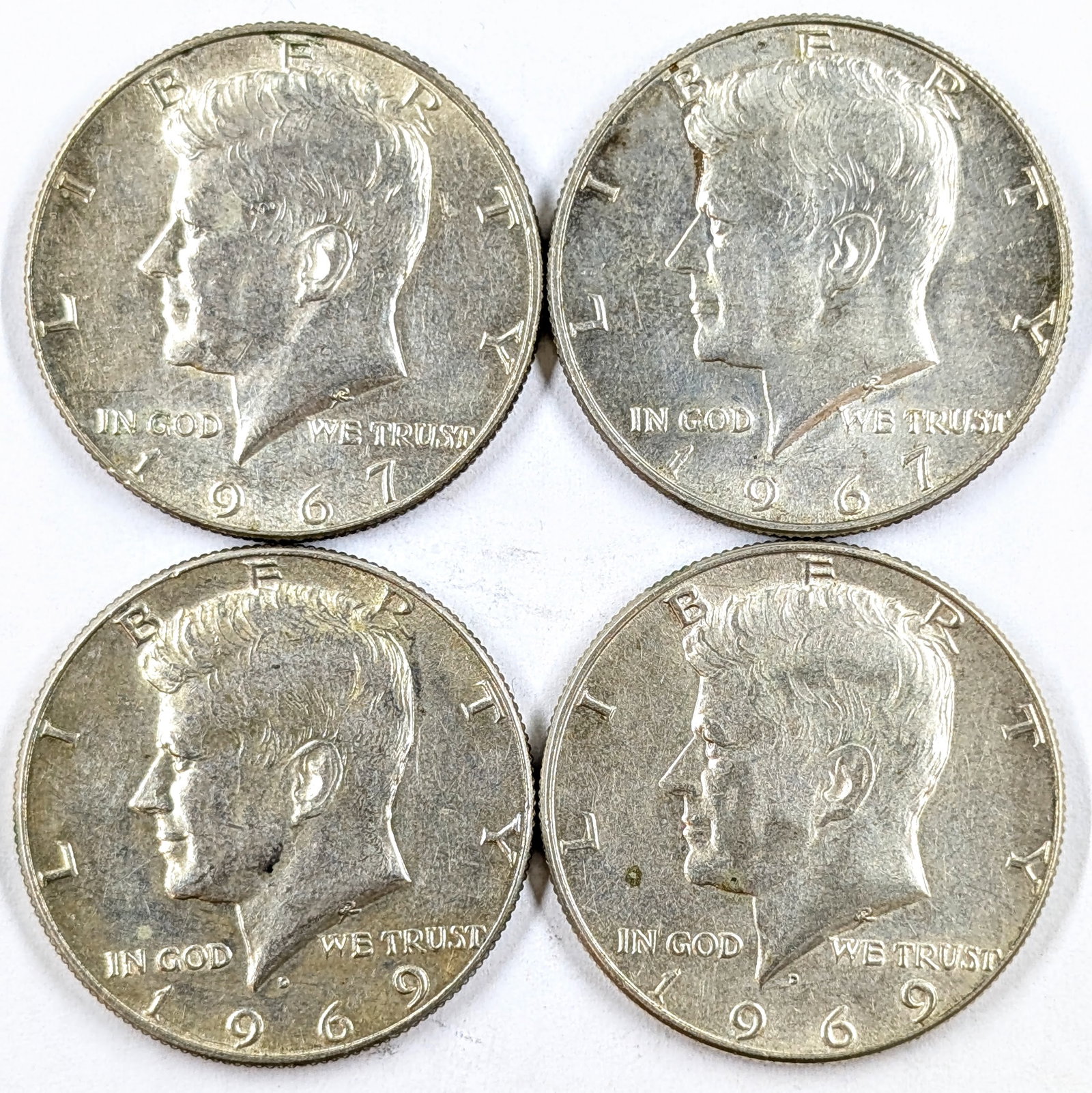 Lot of 4 Silver John F Kennedy Half Dollars - 1967-1969: 40% Silver