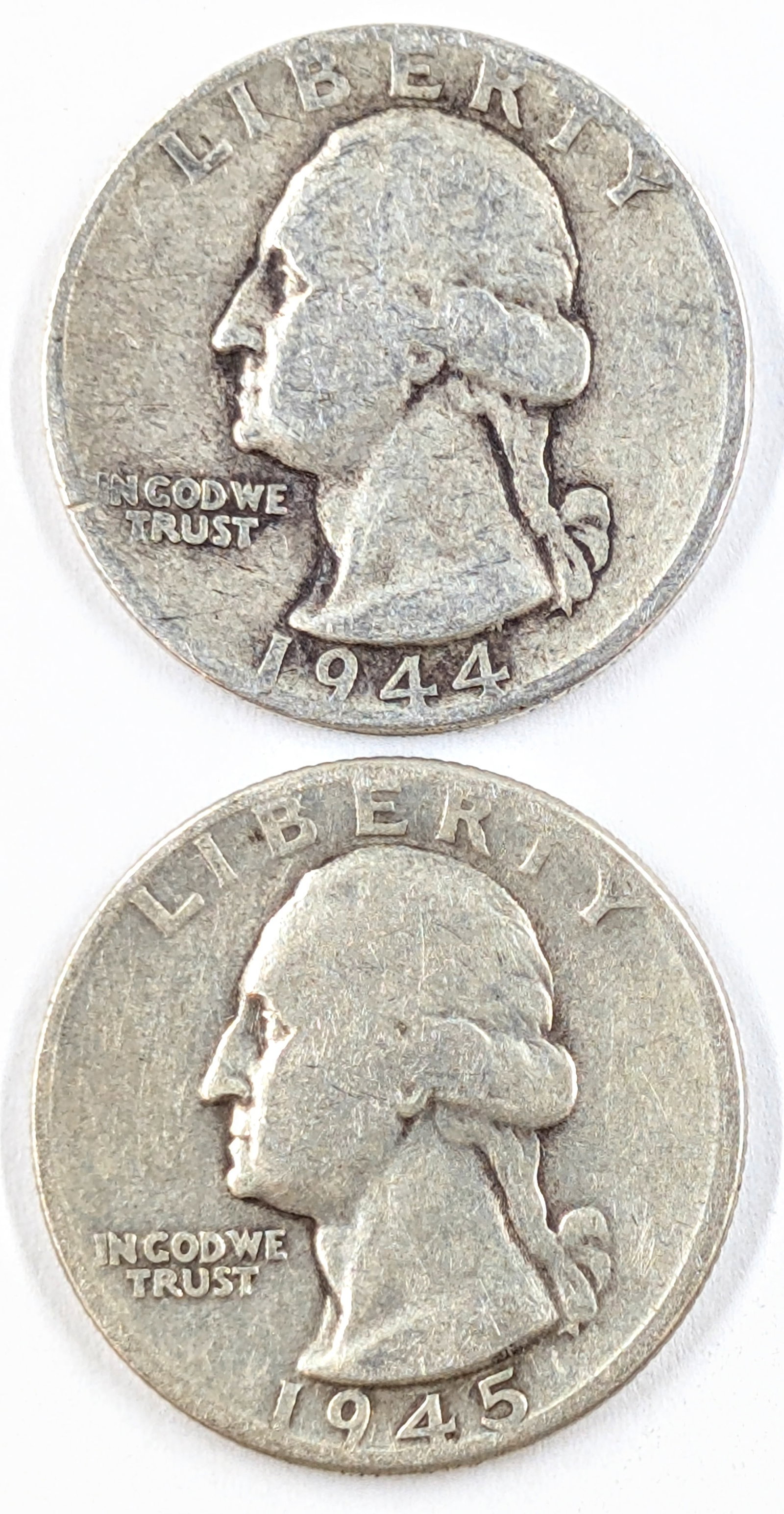 Lot of 2 Silver Washington Quarters- 1944, 1945-D: Silver