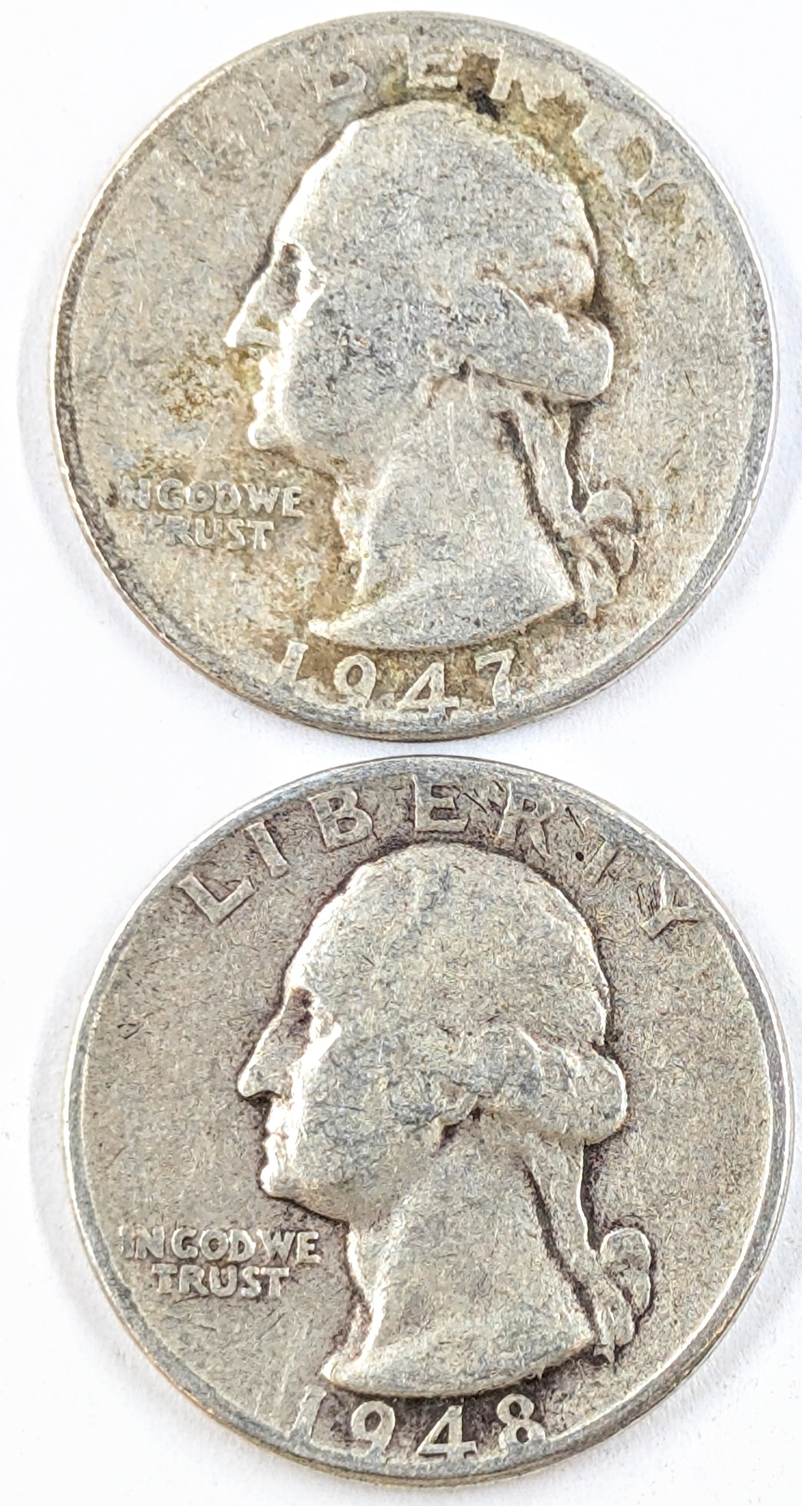 Lot of 2 Silver Washington Quarters- 1947-D, 1948: Silver