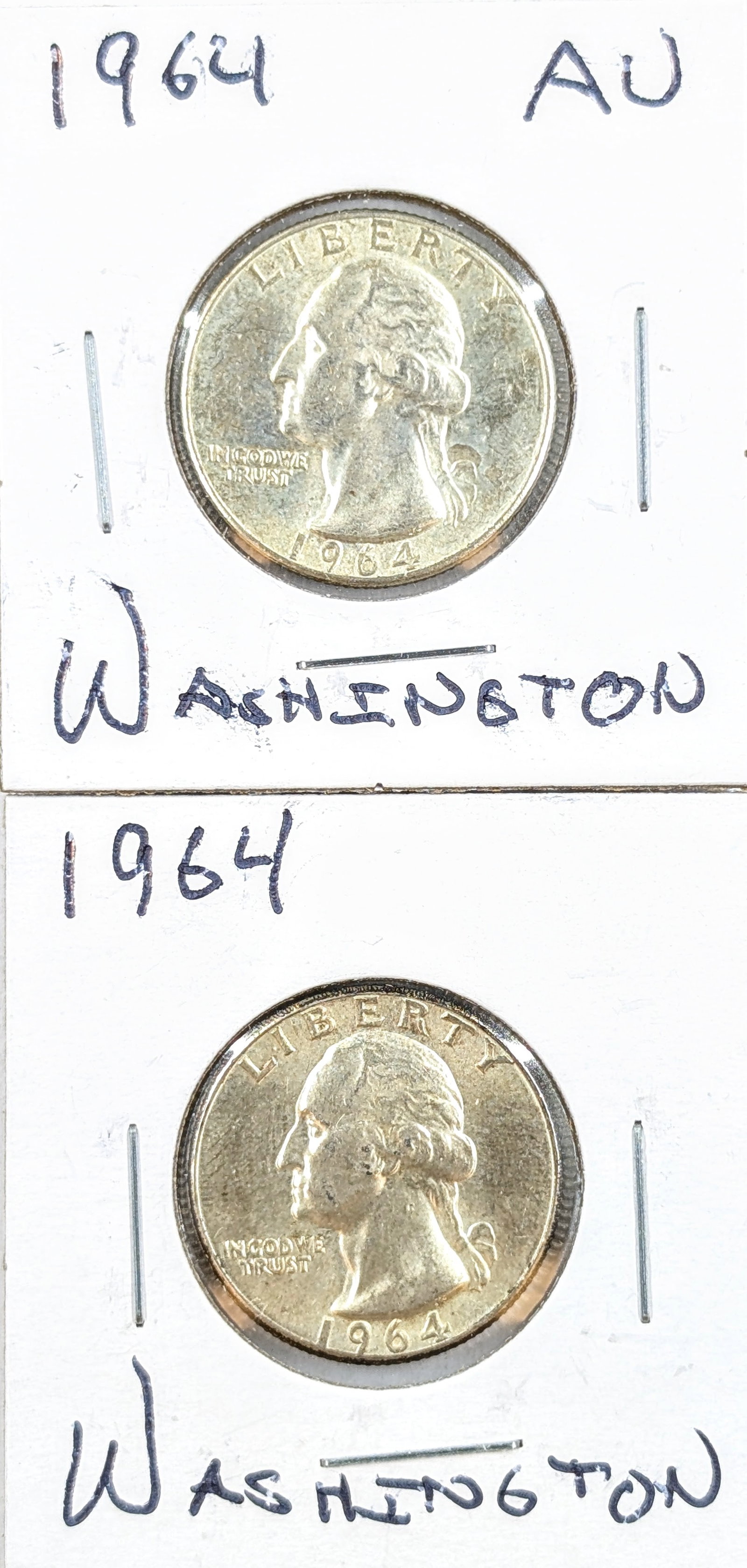 Lot of 2 Silver Washington Quarters- Both 1964: Silver