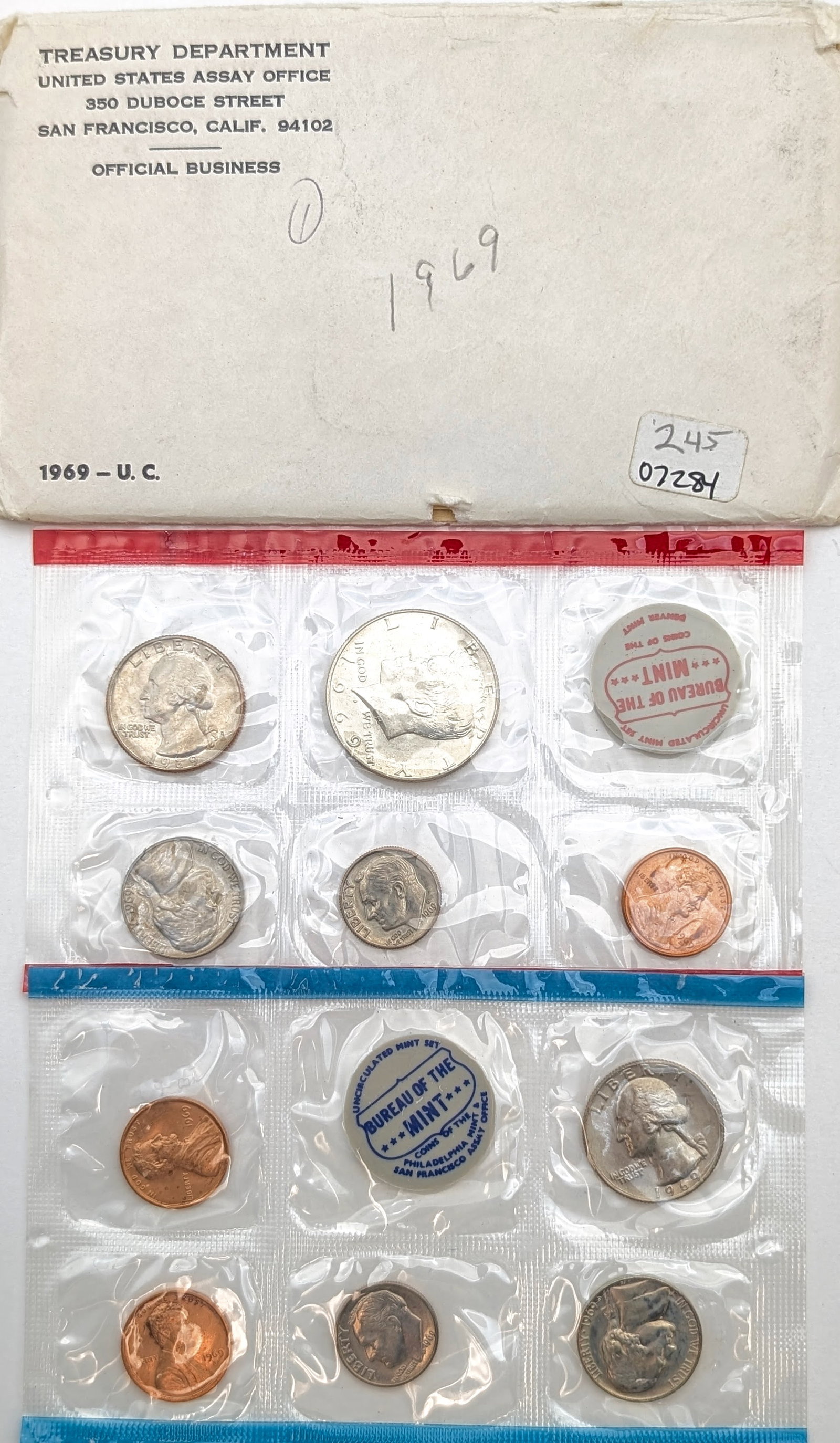 1969 US Mint Uncirculated Coin Set w/ Silver JFK Half: 40% Silver
