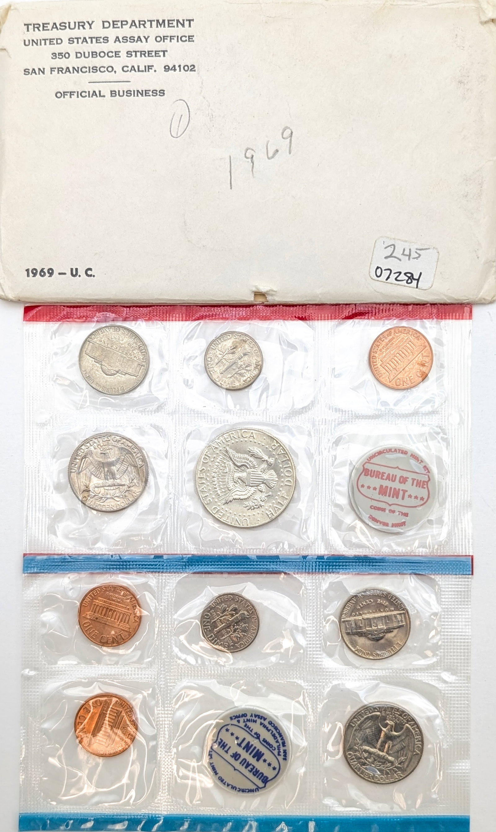 1969 US Mint Uncirculated Coin Set w/ Silver JFK Half - 2