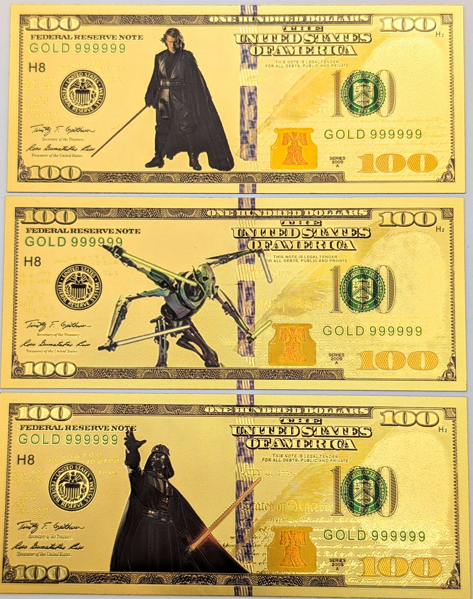 Lot of 3 Star Wars Gold foil $100 design: Gold Foil