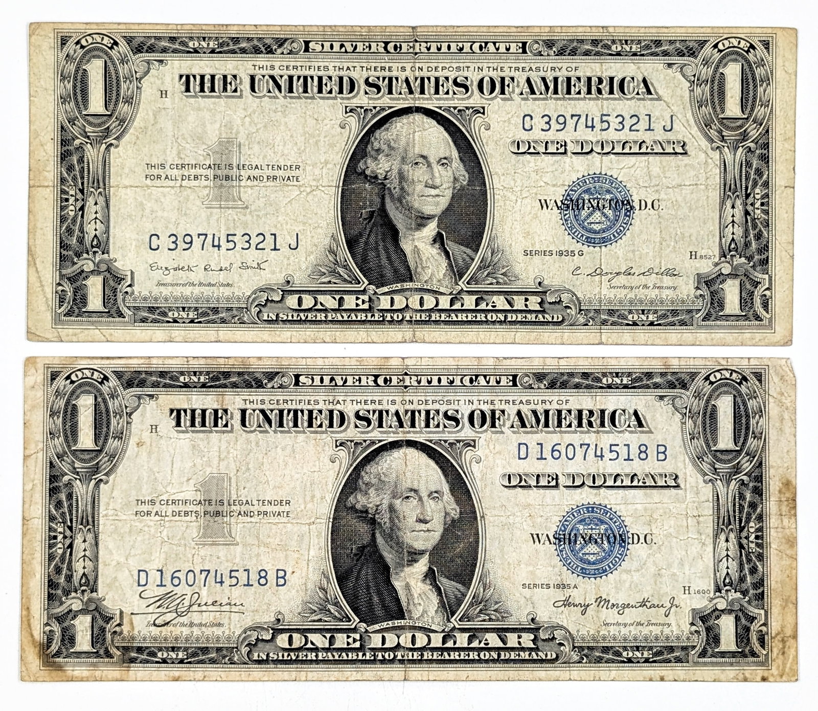 Lot of 2 1935 $1 Notes - Silver Certificates: Circulated