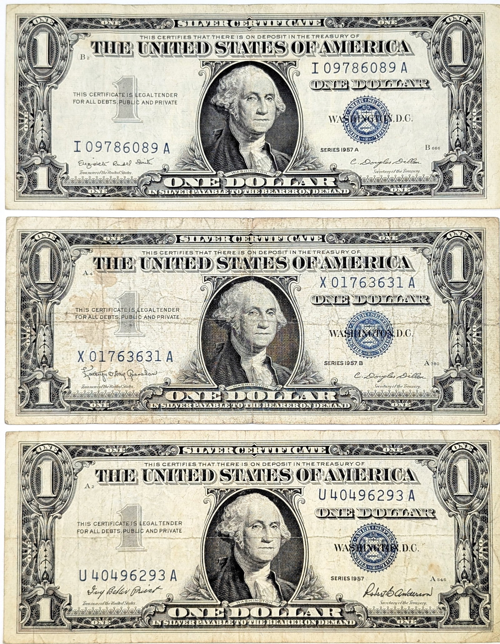 Lot of 3 1957 $1 Notes - Silver Certificates: Circulated