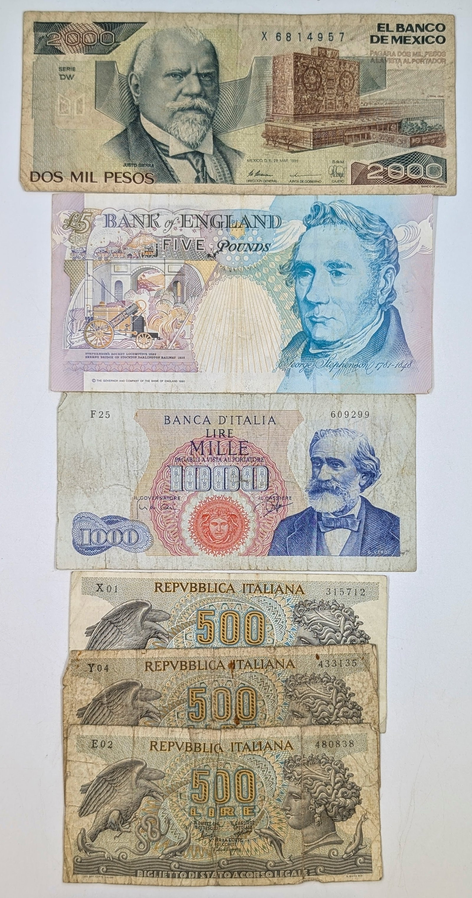 Lot of 6 Foreign Banknotes- Mexican Pesos, Bank of England, Italian Notes: Circulated