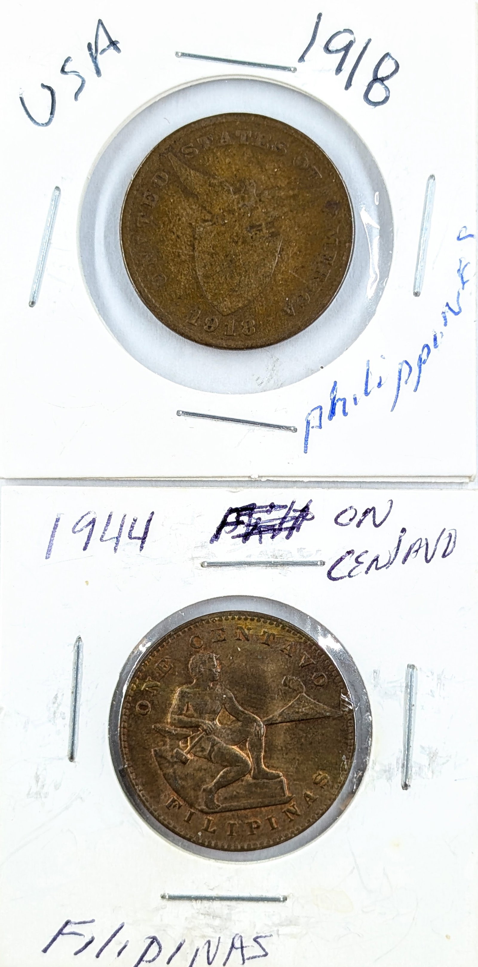 Lot of 2 Philippines One Centavo Coins- 1918, 1944: Coin