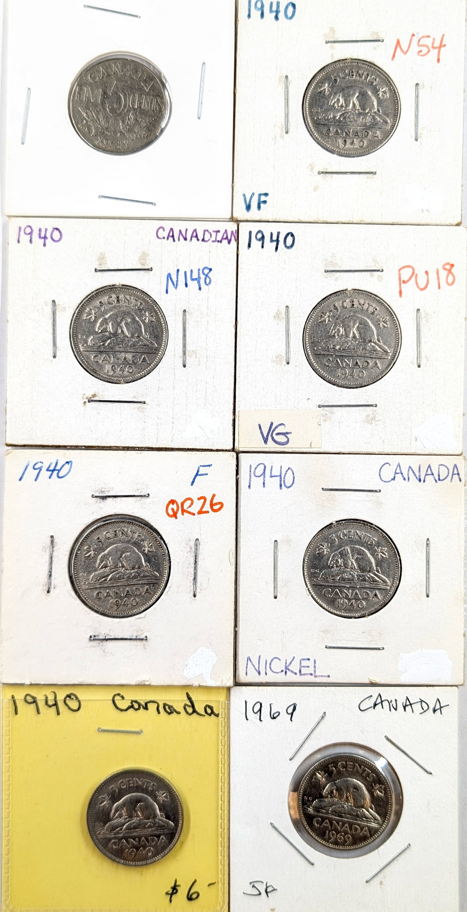 Lot of 8 Canadian Nickels- 1940-1969: Coin