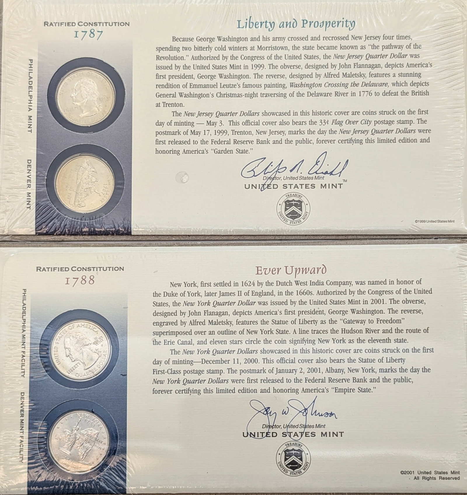 Lot of 2 US Mint First Day Issue State Quarter Coin Sets-1999 NJ, 2000 NY: Coin