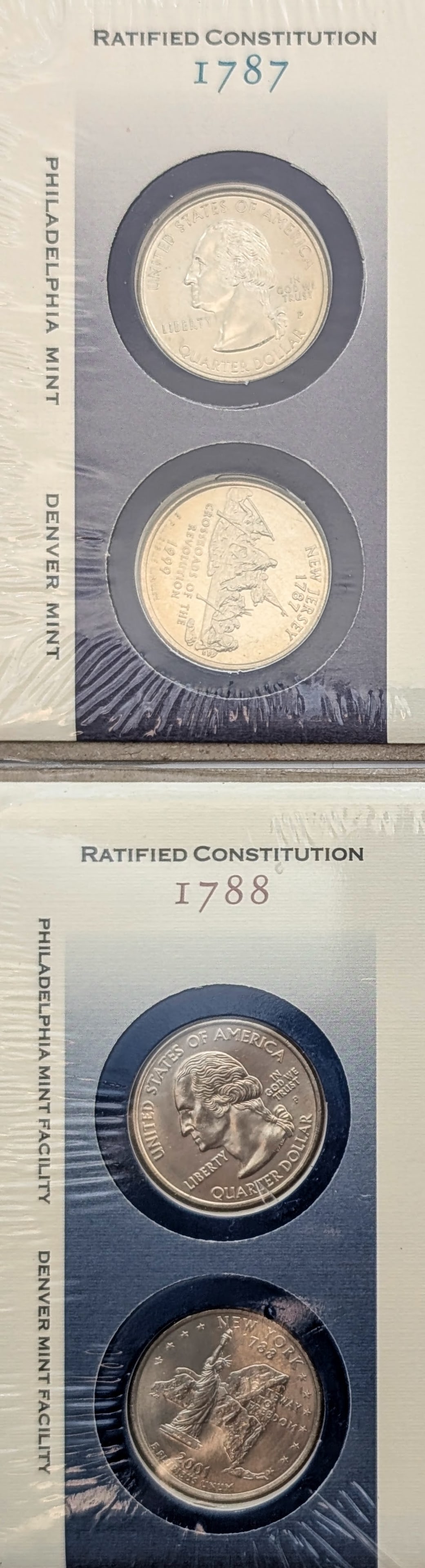 Lot of 2 US Mint First Day Issue State Quarter Coin Sets-1999 NJ, 2000 NY - 2