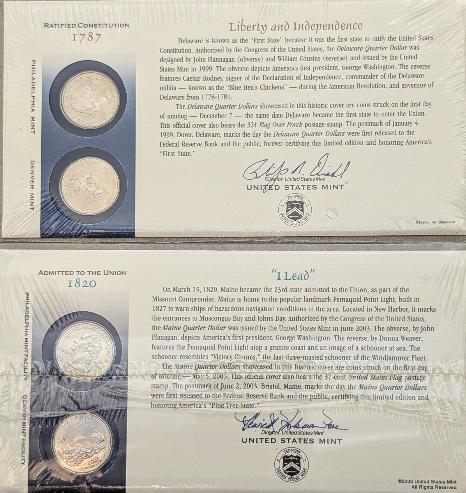 Lot of 2 US Mint First Day Issue State Quarter Coin Sets-1999 DE, 2003 ME: Coin