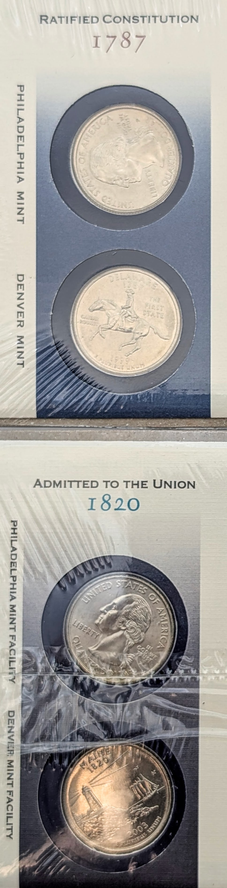 Lot of 2 US Mint First Day Issue State Quarter Coin Sets-1999 DE, 2003 ME - 2